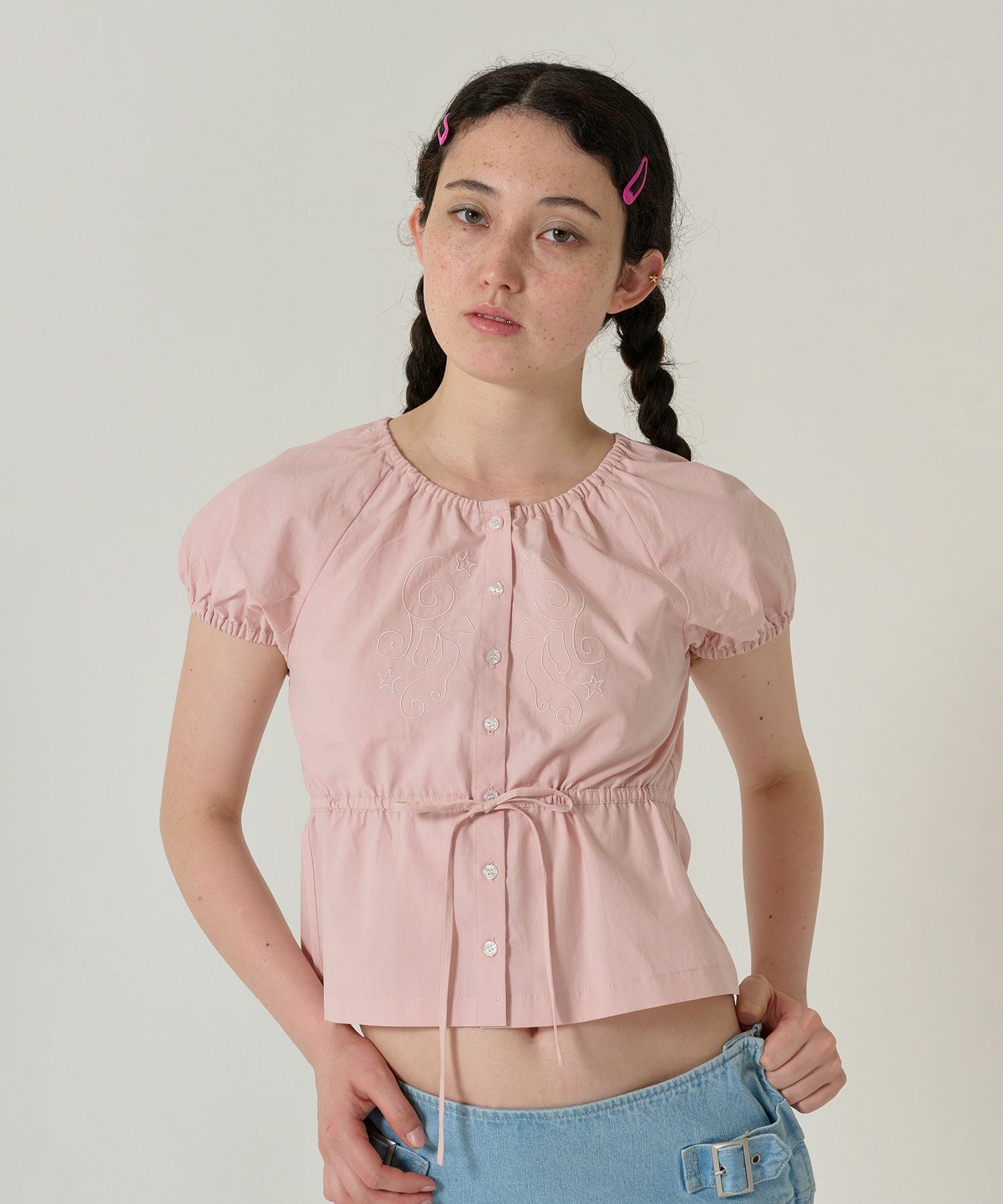 トップス/ブラウス/半袖/刺繍/ピンク