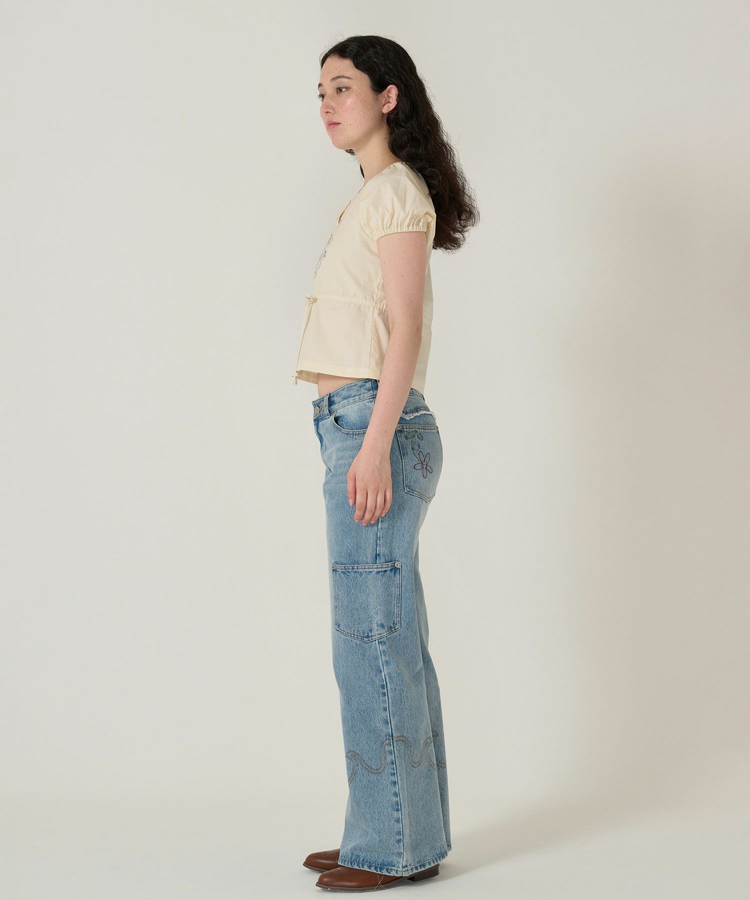 トップス/ブラウス/半袖/刺繍/クリーム