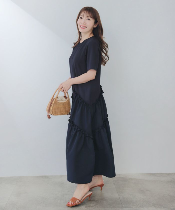 手洗い可ラウンドネックフレアティアードおしゃれフェミニンナチュラル上品大人可愛いきれいめ体型カバー半袖夏ジョイントスペース