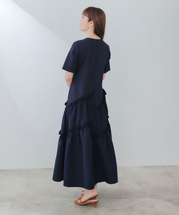 手洗い可ラウンドネックフレアティアードおしゃれフェミニンナチュラル上品大人可愛いきれいめ体型カバー半袖夏ジョイントスペース