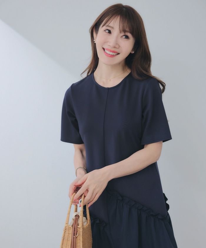 手洗い可ラウンドネックフレアティアードおしゃれフェミニンナチュラル上品大人可愛いきれいめ体型カバー半袖夏ジョイントスペース