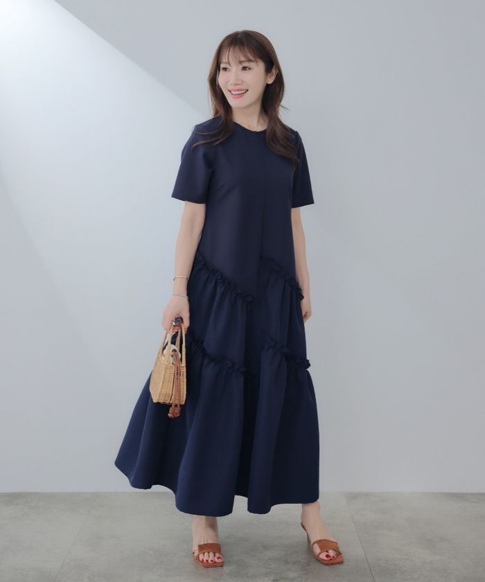 手洗い可ラウンドネックフレアティアードおしゃれフェミニンナチュラル上品大人可愛いきれいめ体型カバー半袖夏ジョイントスペース