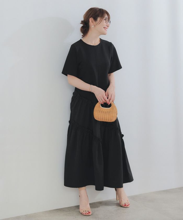 手洗い可ラウンドネックフレアティアードおしゃれフェミニンナチュラル上品大人可愛いきれいめ体型カバー半袖夏ジョイントスペース