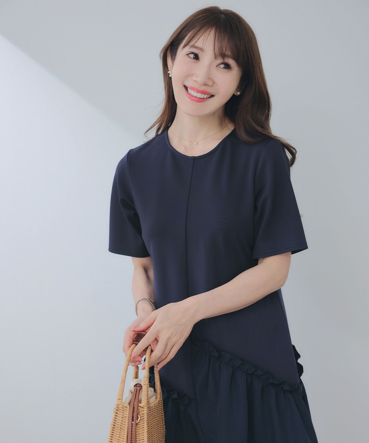 新色追加手洗い可ラウンドネックフレアティアードおしゃれ異素材切り替え上品大人可愛いきれいめ体型カバー半袖夏ジョイントスペース