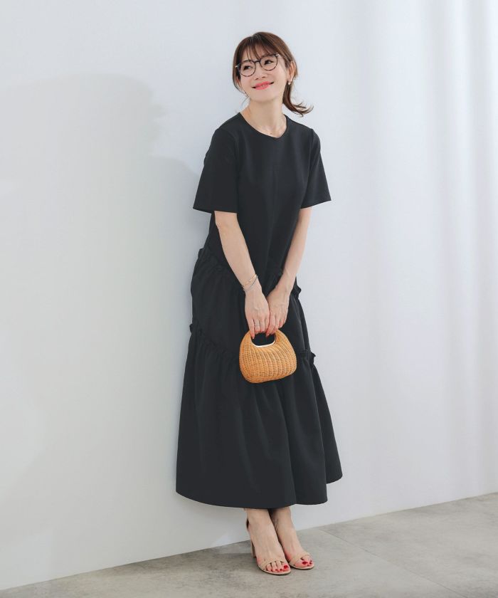 手洗い可ラウンドネックフレアティアードおしゃれフェミニンナチュラル上品大人可愛いきれいめ体型カバー半袖夏ジョイントスペース