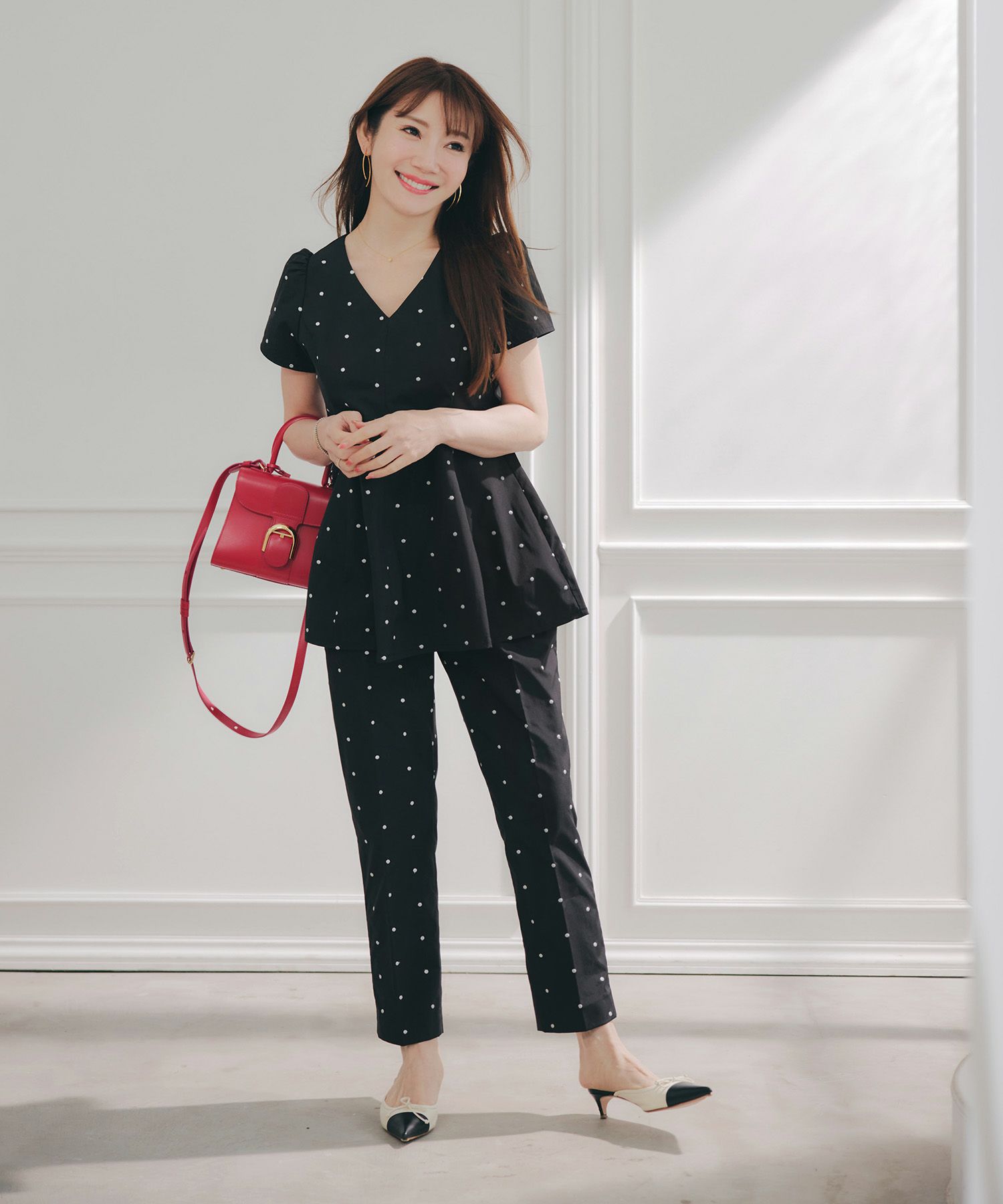 手洗い可セットアップ対応可水玉かわいい上品きれいめ大人カジュアルオフィスフォーマルフェミニン美脚ジョイントスペース