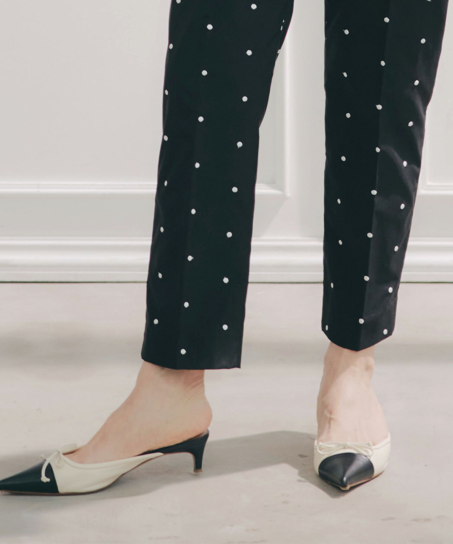 手洗い可セットアップ対応可水玉かわいい上品きれいめ大人カジュアルオフィスフォーマルフェミニン美脚ジョイントスペース