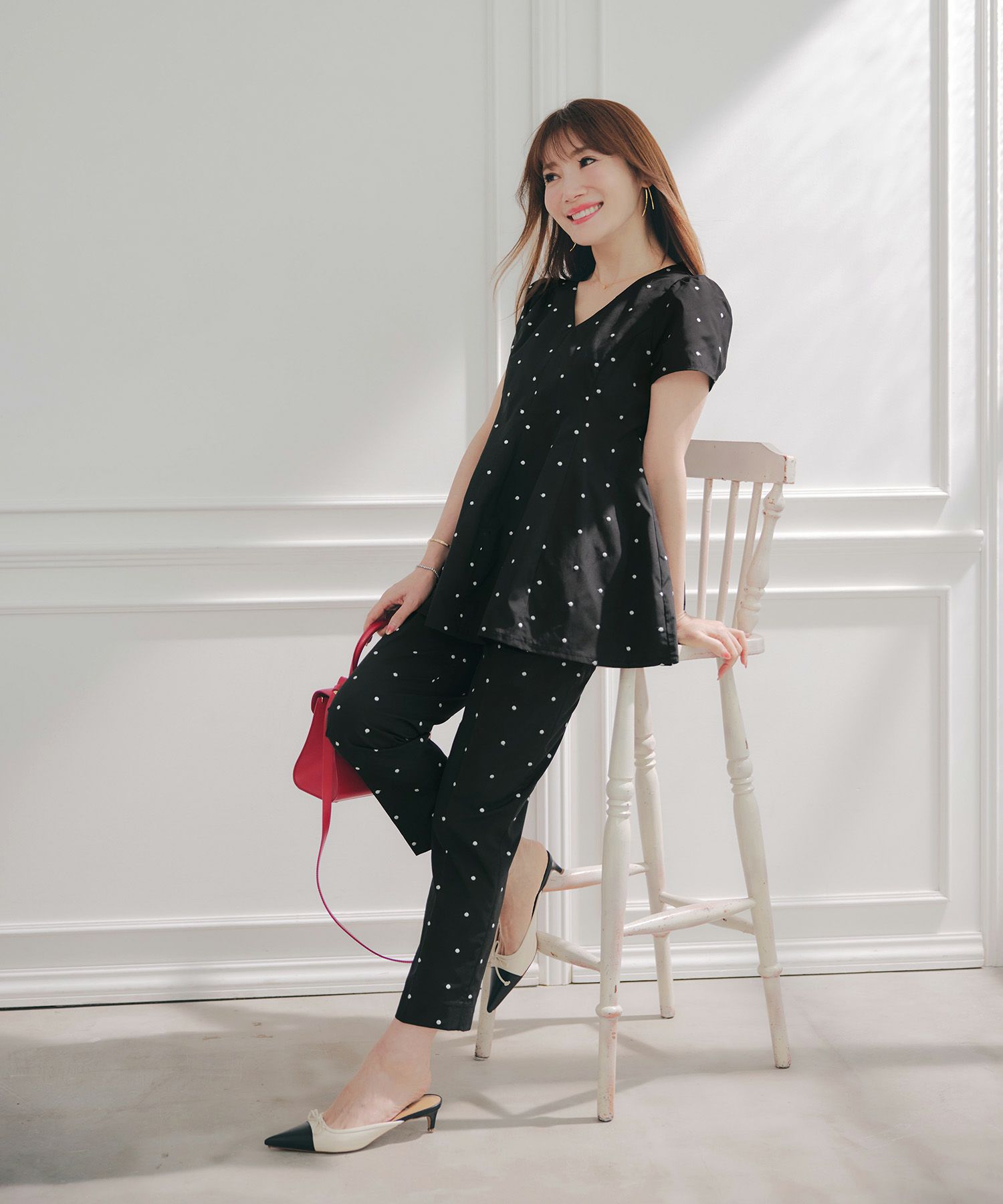 手洗い可セットアップ対応可水玉かわいい上品きれいめ大人カジュアルオフィスフォーマルフェミニン美脚ジョイントスペース