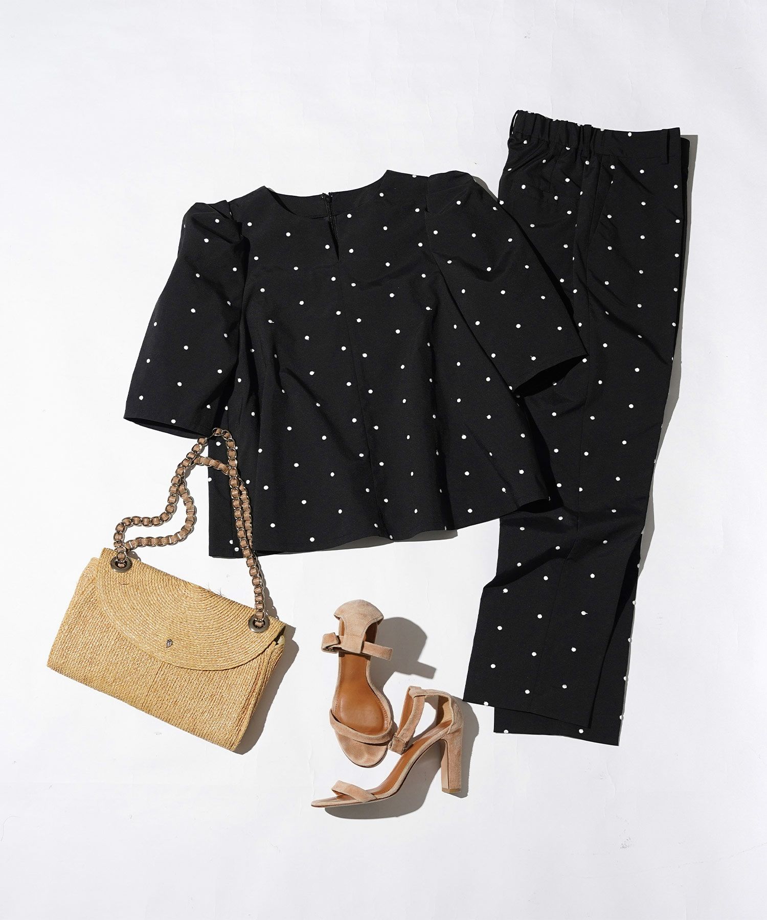 手洗い可セットアップ対応可水玉かわいい上品きれいめ大人カジュアルオフィスフォーマルフェミニン美脚ジョイントスペース