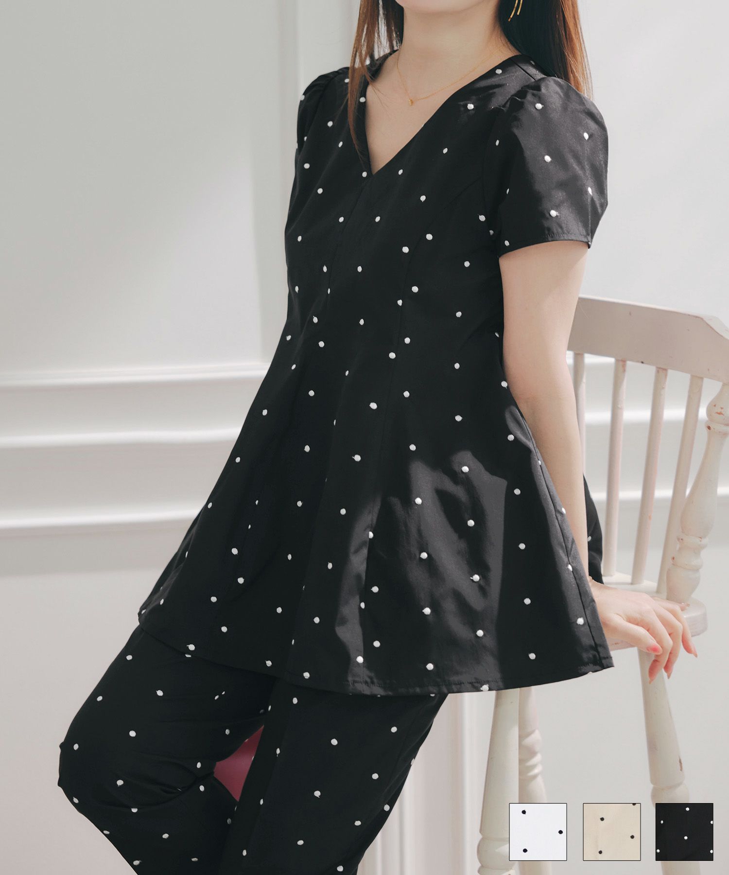 ドット 刺しゅう コクーンフレア ブラウス Liala×PG 全3色｜lpg821-2117【1】