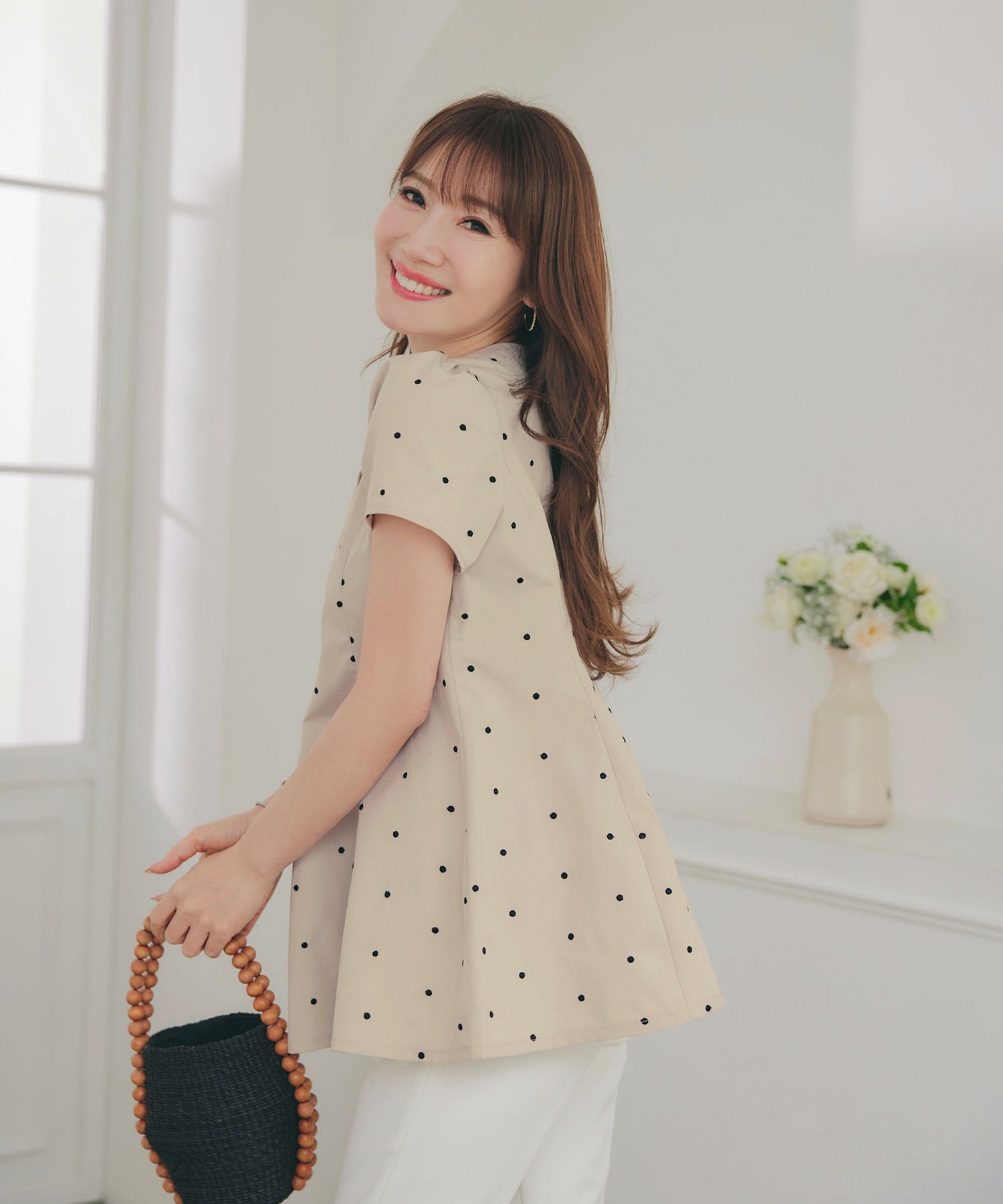 手洗い可 セットアップ対応可 水玉 かわいい 上品 きれいめ 大人カジュアル オフィス フォーマル フェミニン 体型カバー Vネック ジョイントスペース