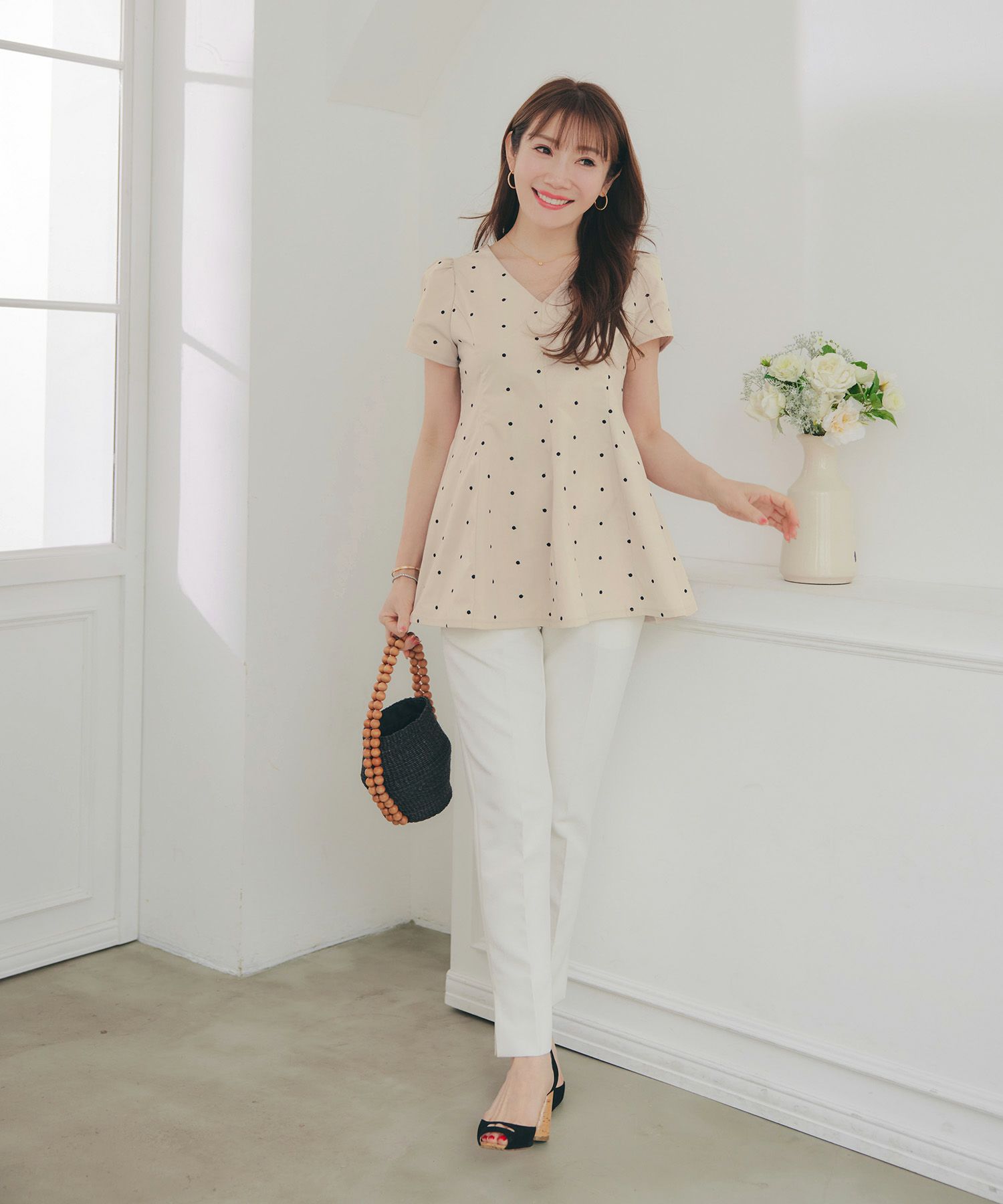 手洗い可 セットアップ対応可 水玉 かわいい 上品 きれいめ 大人カジュアル オフィス フォーマル フェミニン 体型カバー Vネック ジョイントスペース