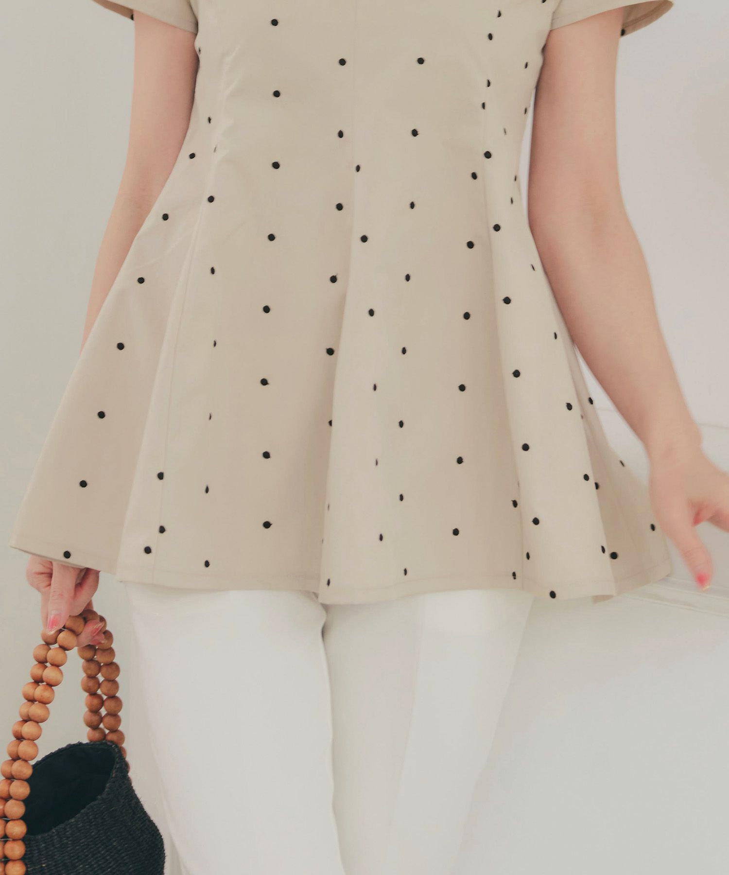 手洗い可 セットアップ対応可 水玉 かわいい 上品 きれいめ 大人カジュアル オフィス フォーマル フェミニン 体型カバー Vネック ジョイントスペース