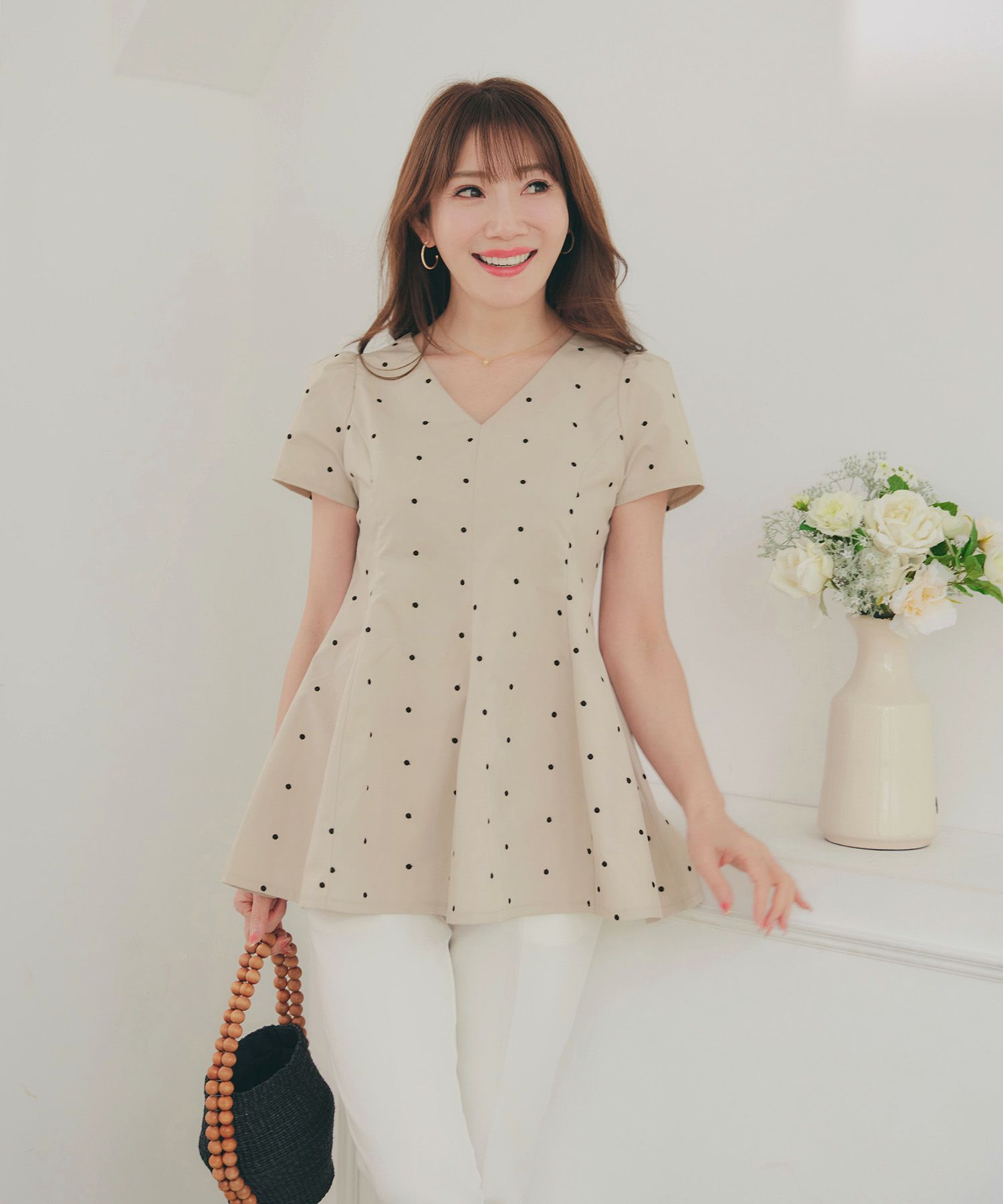 手洗い可 セットアップ対応可 水玉 かわいい 上品 きれいめ 大人カジュアル オフィス フォーマル フェミニン 体型カバー Vネック ジョイントスペース