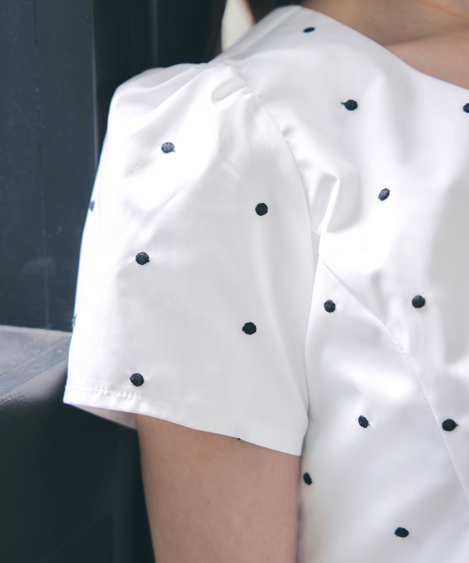 手洗い可 セットアップ対応可 水玉 かわいい 上品 きれいめ 大人カジュアル オフィス フォーマル フェミニン 体型カバー Vネック ジョイントスペース