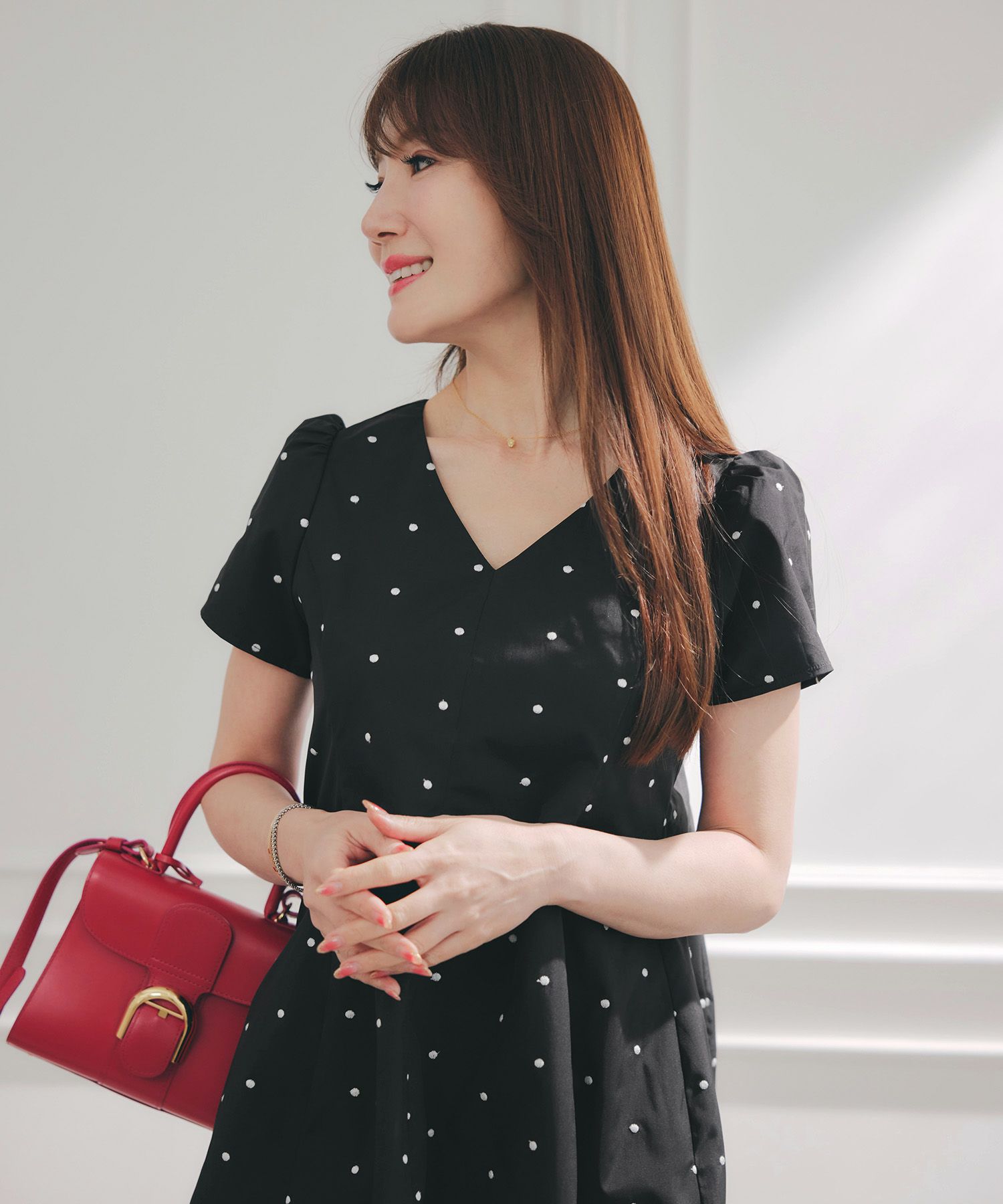 手洗い可 セットアップ対応可 水玉 かわいい 上品 きれいめ 大人カジュアル オフィス フォーマル フェミニン 体型カバー Vネック ジョイントスペース