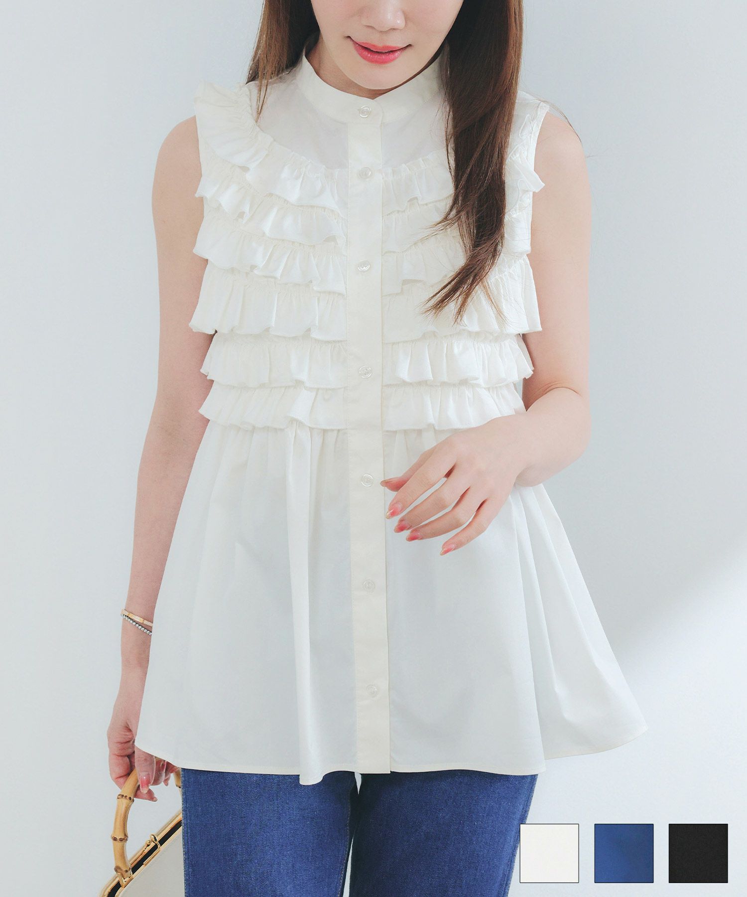 ホイップフリルバンドカラーノースリーブブラウスLiala×PG