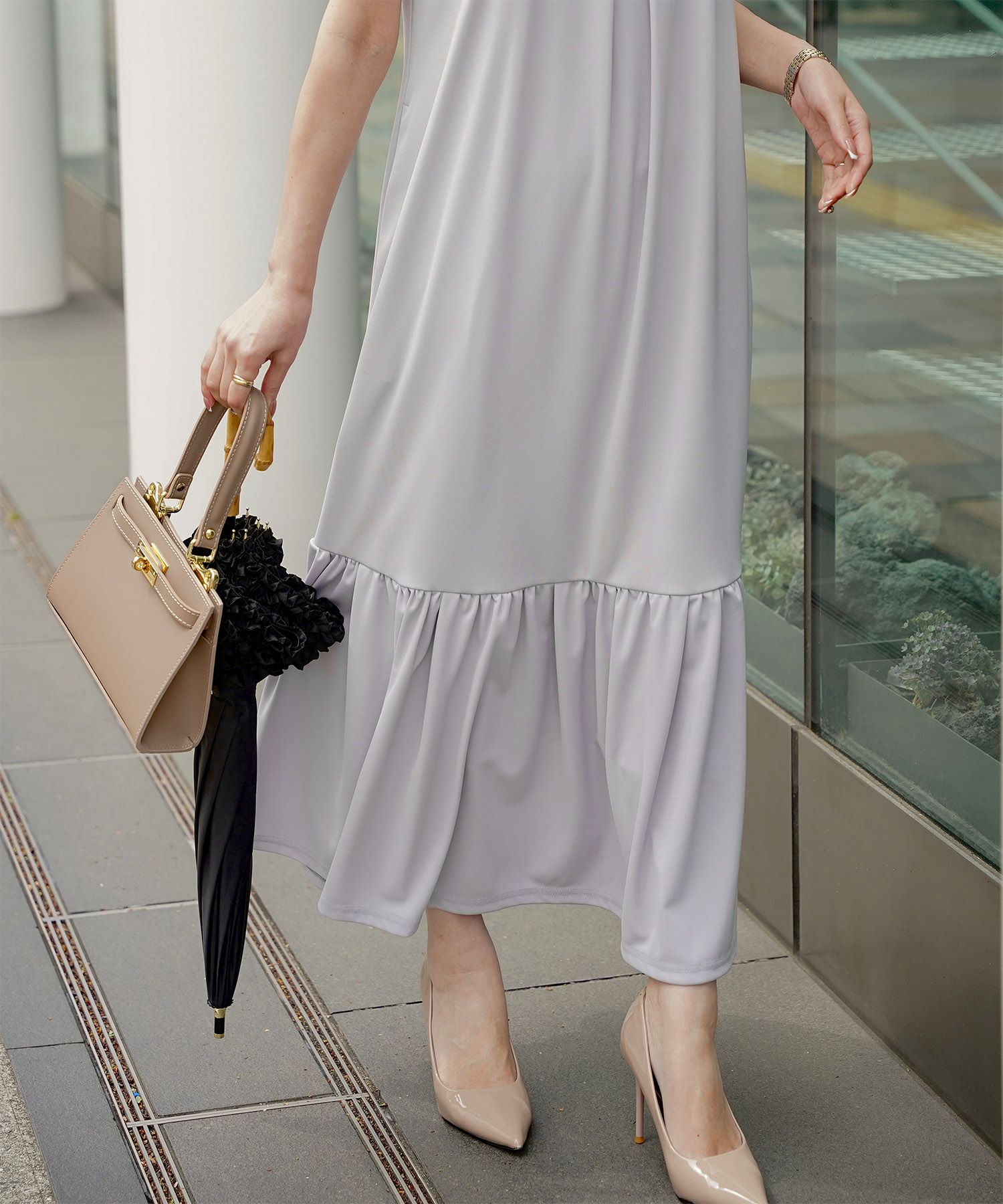 レディース マキシワンピース カップ付き インナー ノースリーブ ホワイト サックス ブラック S M