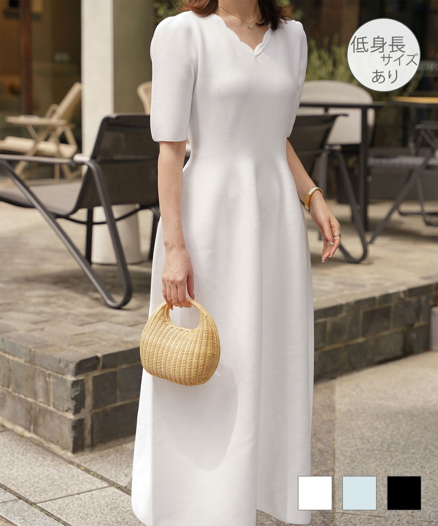 スカラップネック ホールガーメント ニット ワンピース HUIT ホワイト サックス ブラック