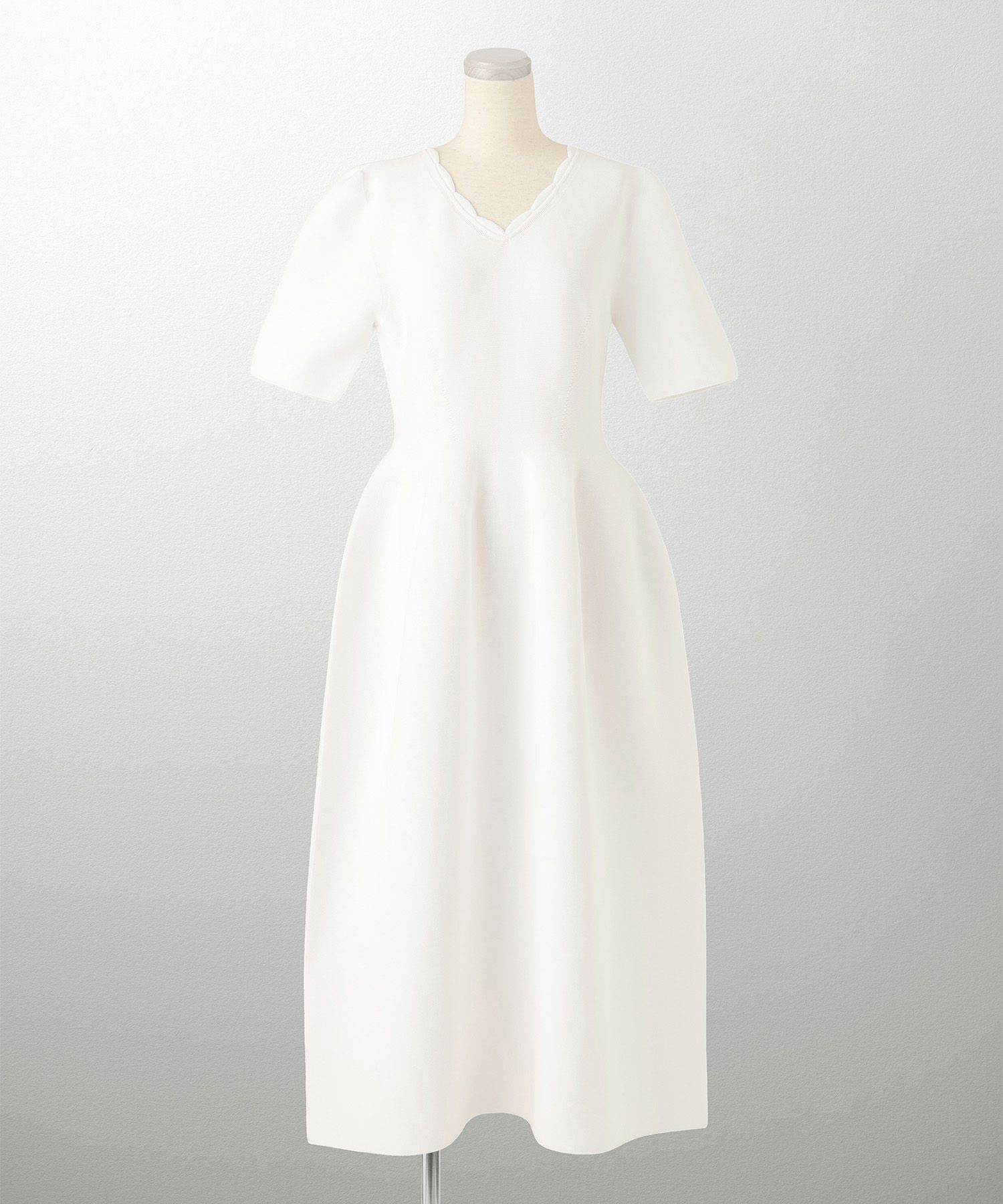 レディース ロングワンピース サマーニット スカラップ 半袖 きれいめ 上品 洗える ホワイト サックス ブラック S M