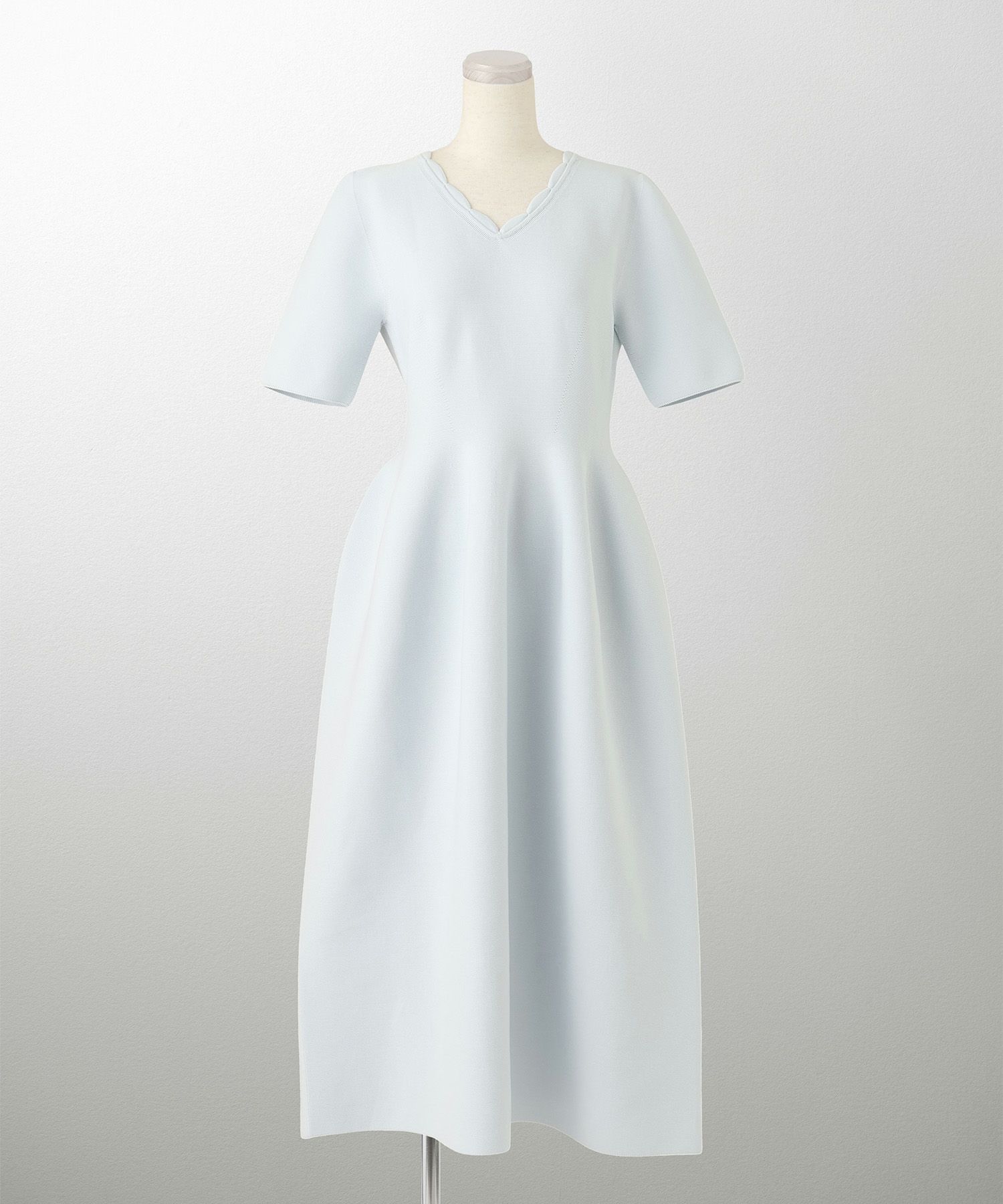 レディース ロングワンピース サマーニット スカラップ 半袖 きれいめ 上品 洗える ホワイト サックス ブラック S M