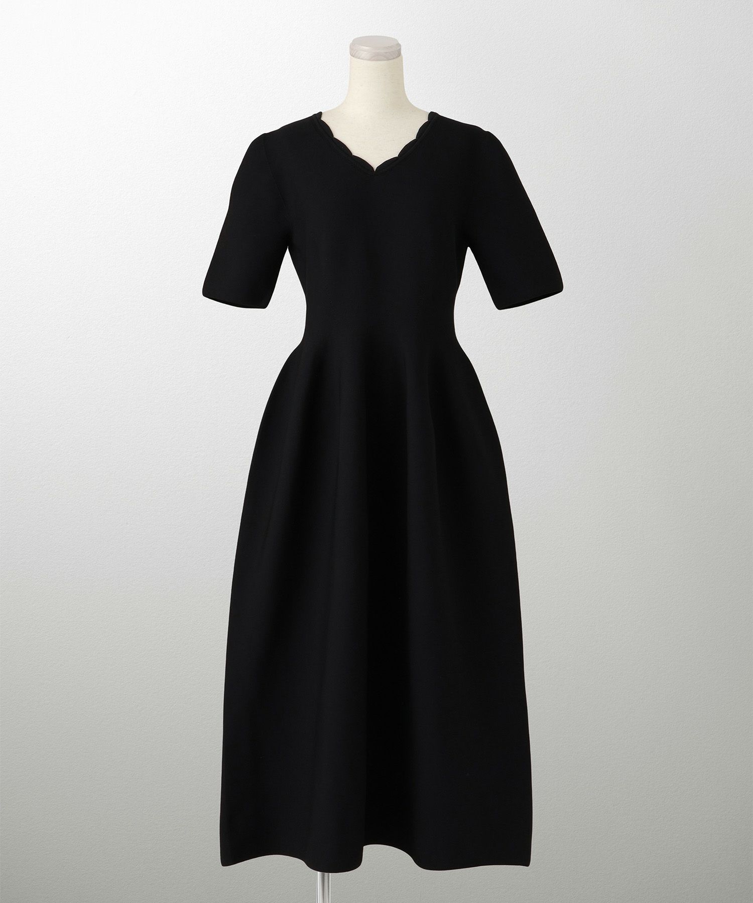 レディース ロングワンピース サマーニット スカラップ 半袖 きれいめ 上品 洗える ホワイト サックス ブラック S M