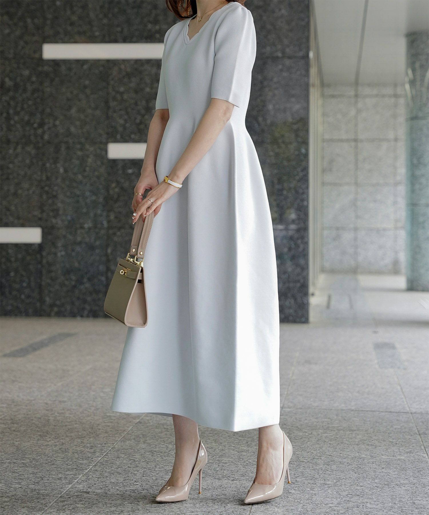 レディース ロングワンピース サマーニット スカラップ 半袖 きれいめ 上品 洗える ホワイト サックス ブラック S M