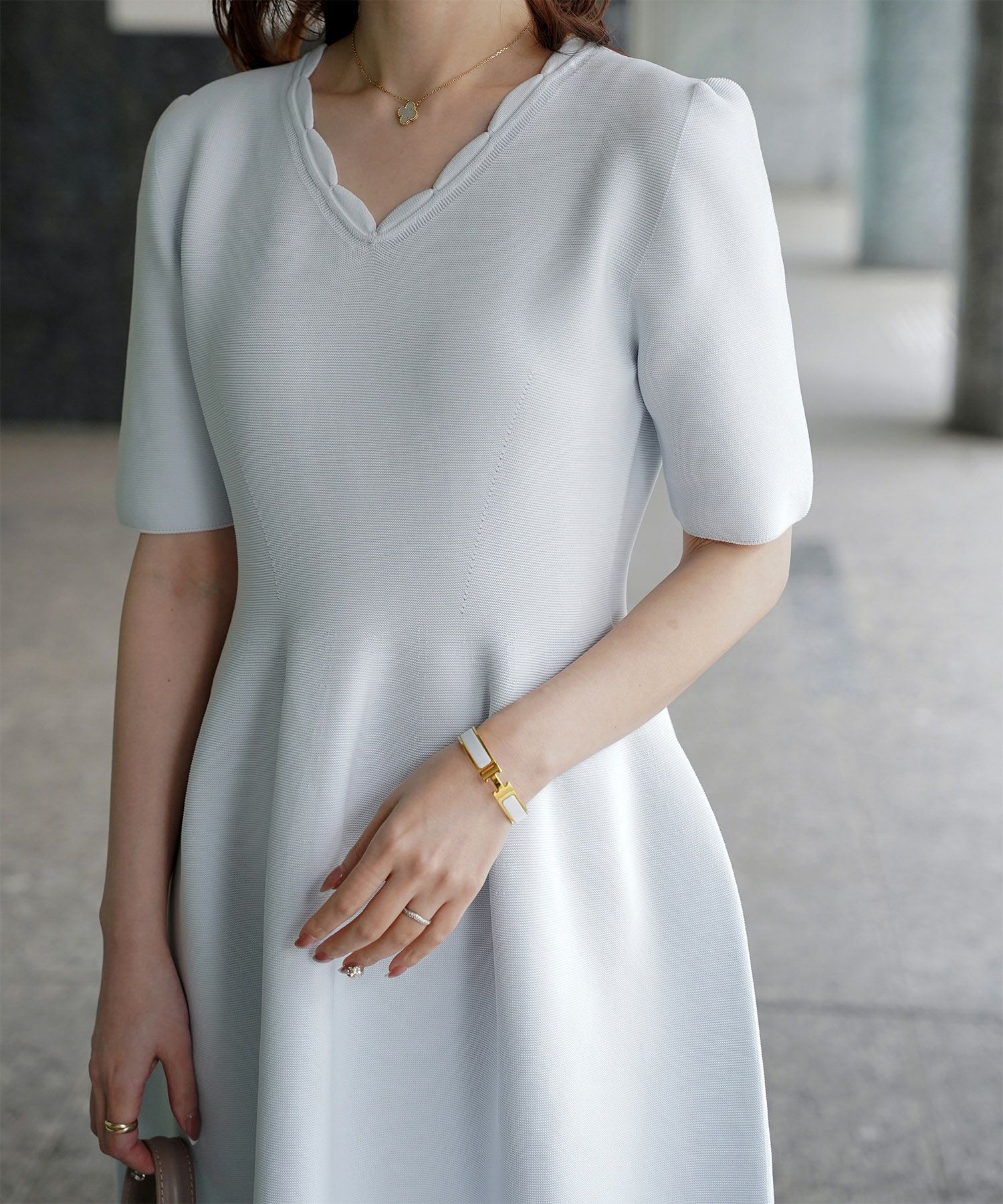 レディース ロングワンピース サマーニット スカラップ 半袖 きれいめ 上品 洗える ホワイト サックス ブラック S M