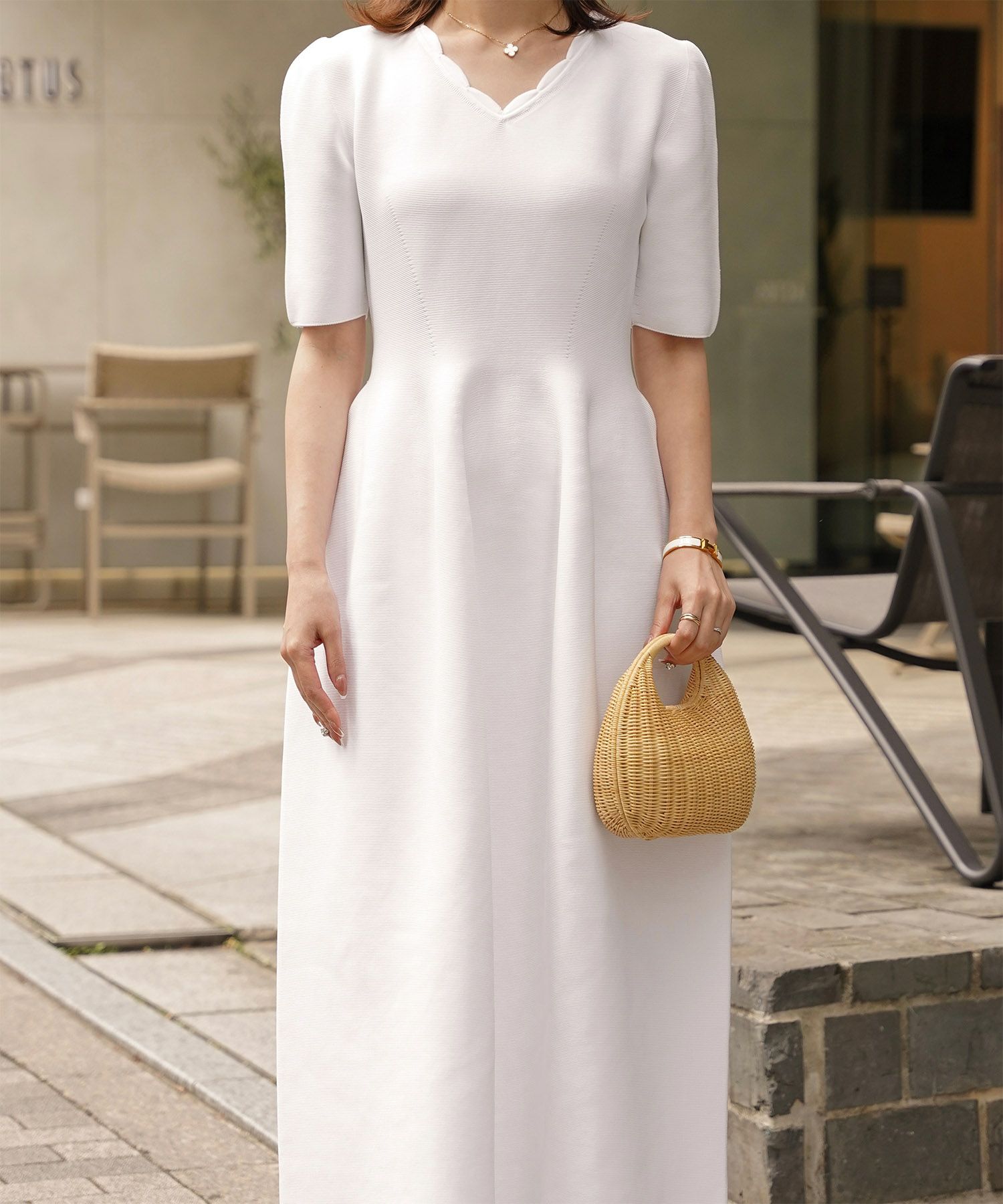 レディース ロングワンピース サマーニット スカラップ 半袖 きれいめ 上品 洗える ホワイト サックス ブラック S M