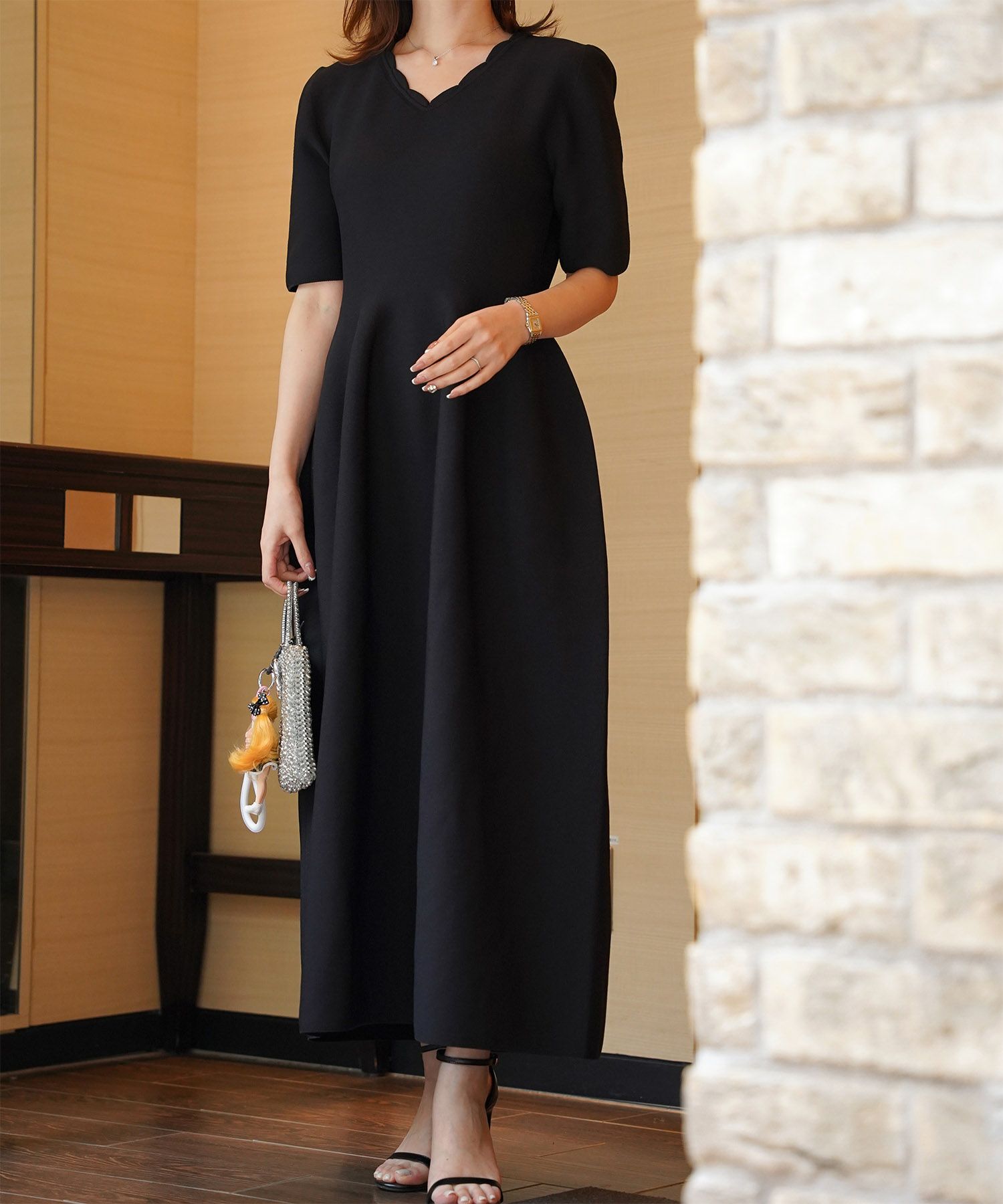 レディース ロングワンピース サマーニット スカラップ 半袖 きれいめ 上品 洗える ホワイト サックス ブラック S M