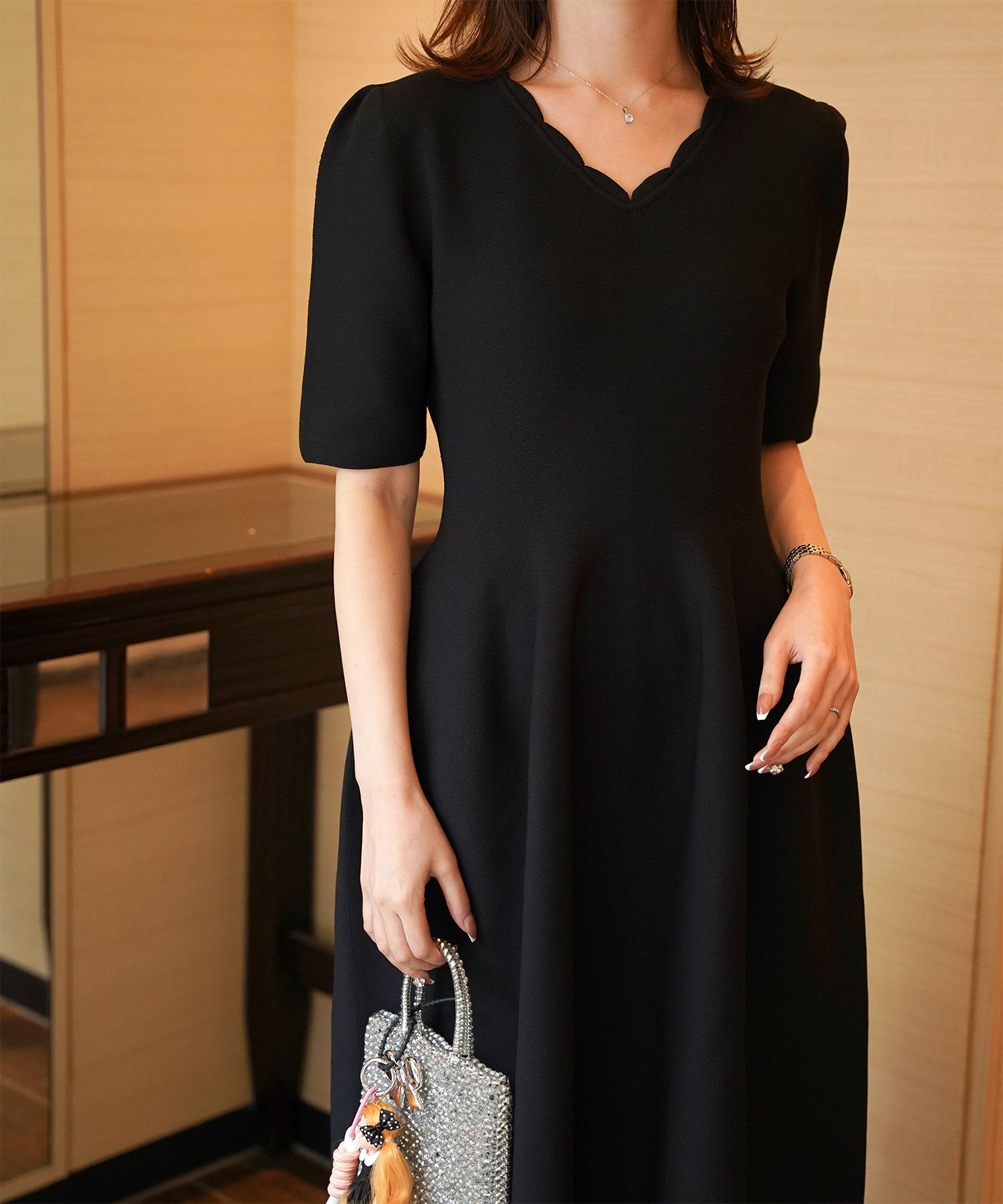 レディース ロングワンピース サマーニット スカラップ 半袖 きれいめ 上品 洗える ホワイト サックス ブラック S M