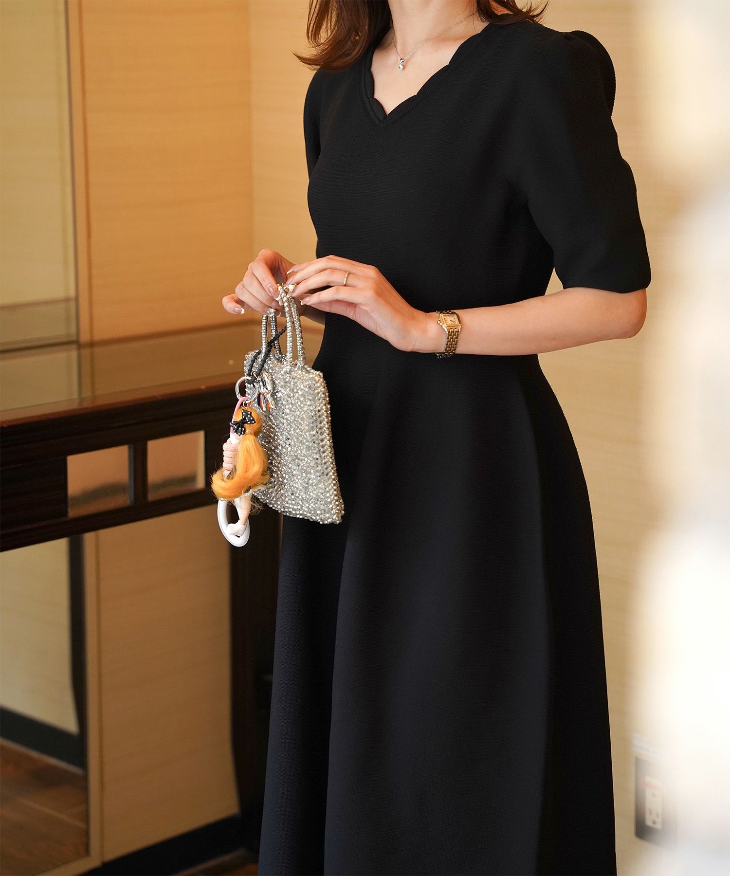 レディース ロングワンピース サマーニット スカラップ 半袖 きれいめ 上品 洗える ホワイト サックス ブラック S M