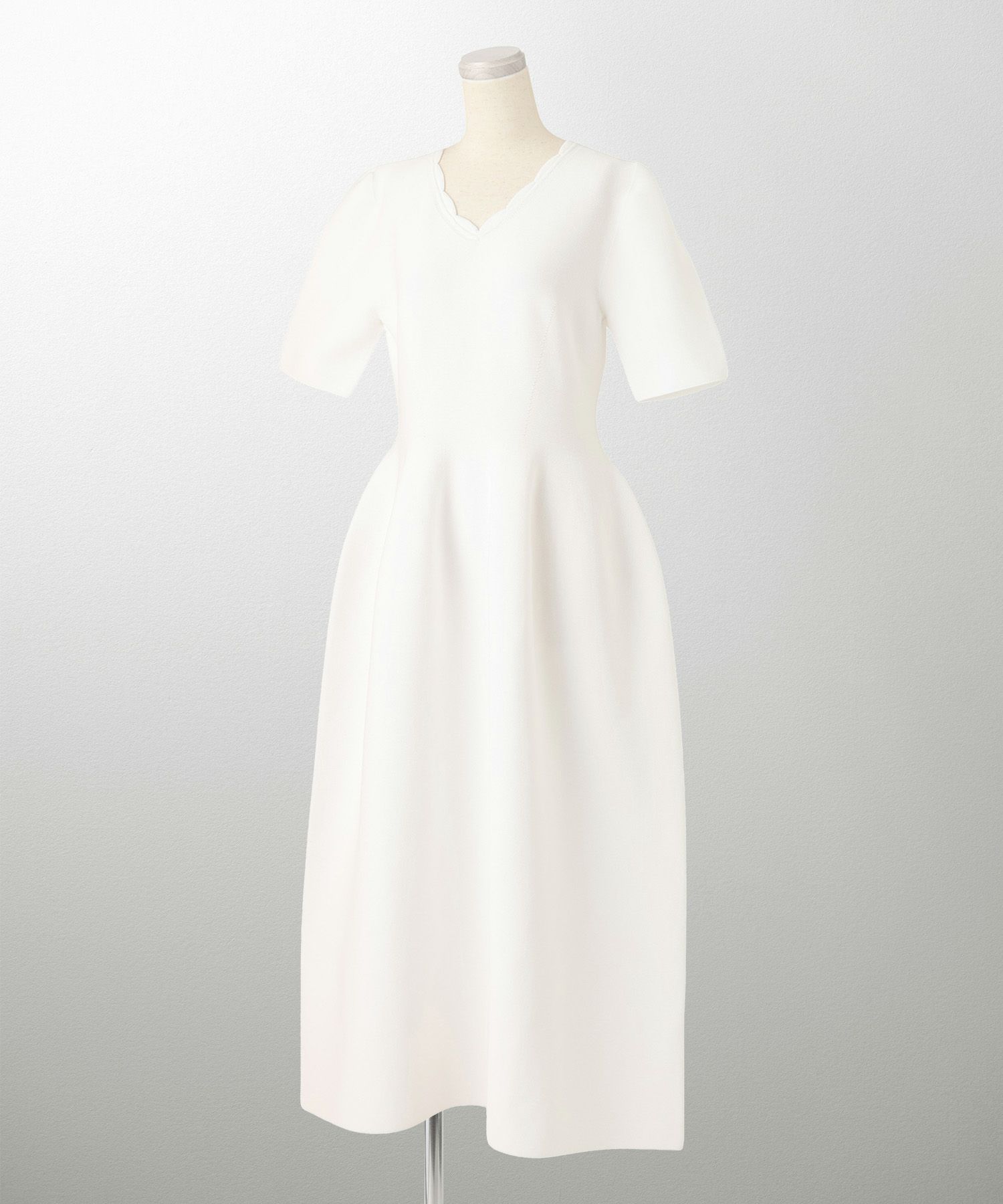 レディース ロングワンピース サマーニット スカラップ 半袖 きれいめ 上品 洗える ホワイト サックス ブラック S M