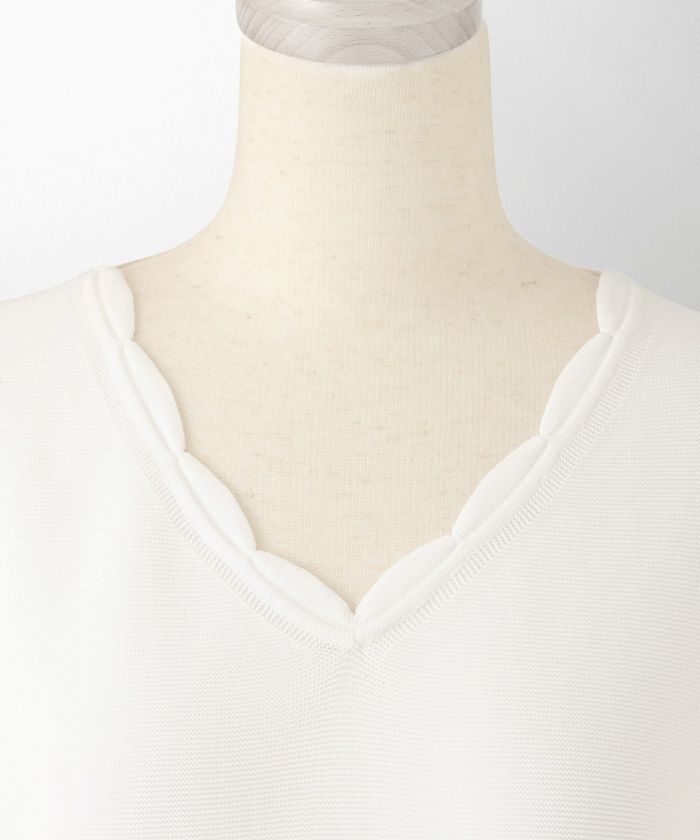 レディース ロングワンピース サマーニット スカラップ 半袖 きれいめ 上品 洗える ホワイト サックス ブラック S M