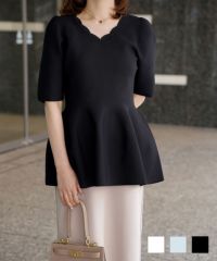 スカラップネック ホールガーメント ニット トップス HUIT ホワイト サックス ブラック