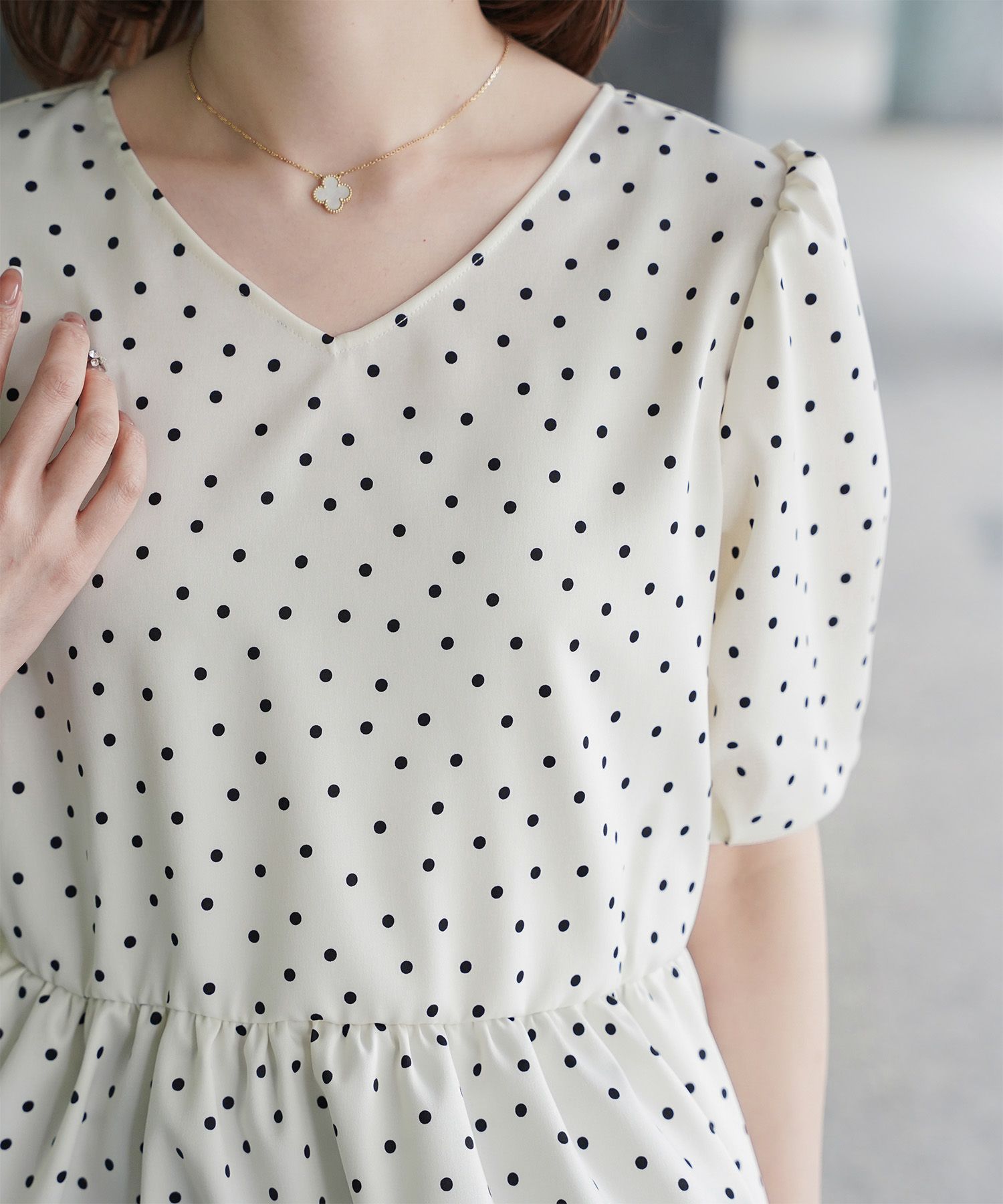 レディース ブラウス 2way ドット ペプラム きれいめ 洗える ホワイト ブラック