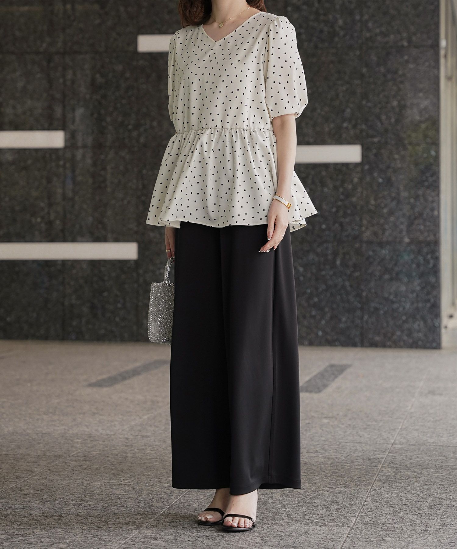 レディース ブラウス 2way ドット ペプラム きれいめ 洗える ホワイト ブラック