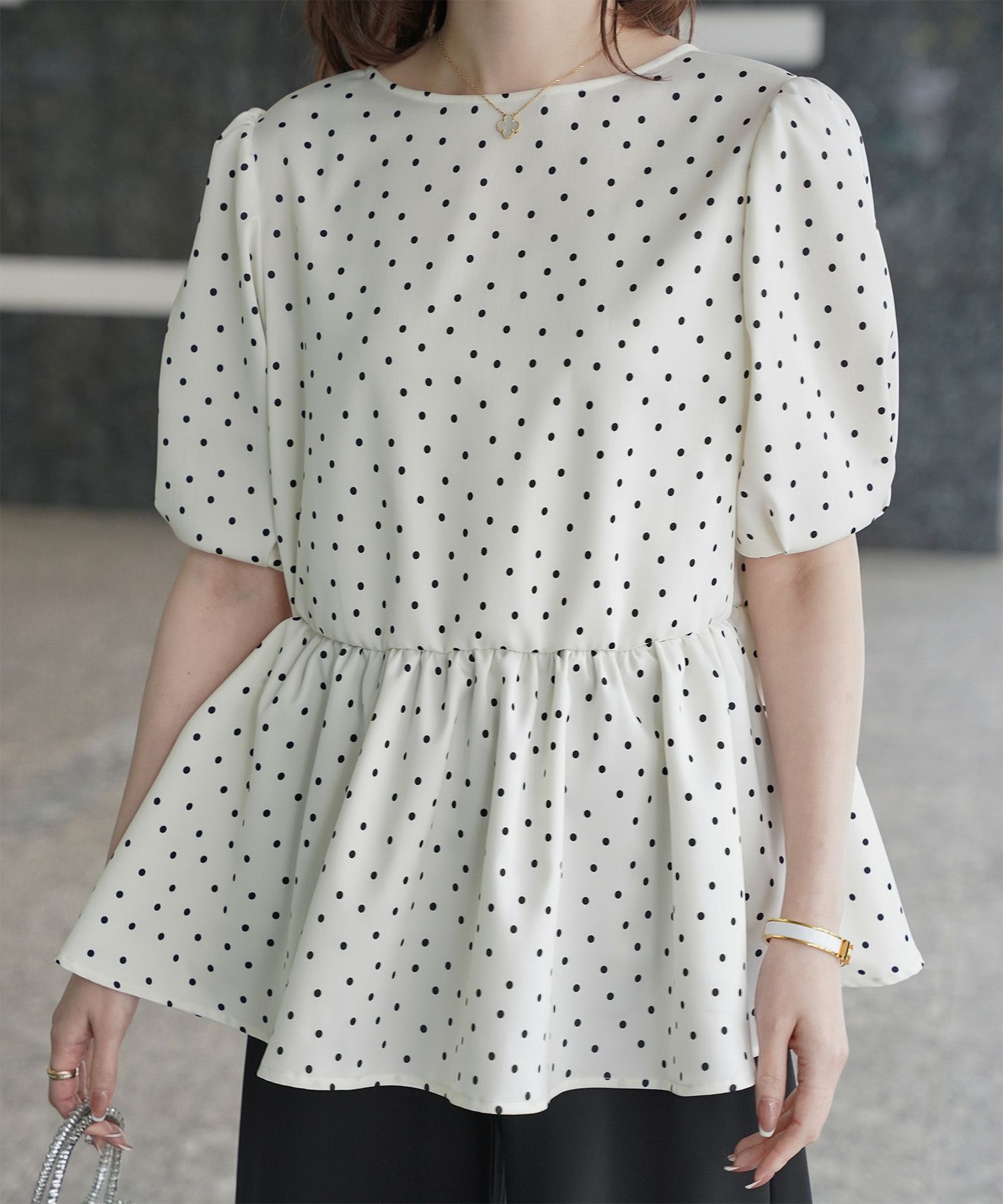 レディース ブラウス 2way ドット ペプラム きれいめ 洗える ホワイト ブラック