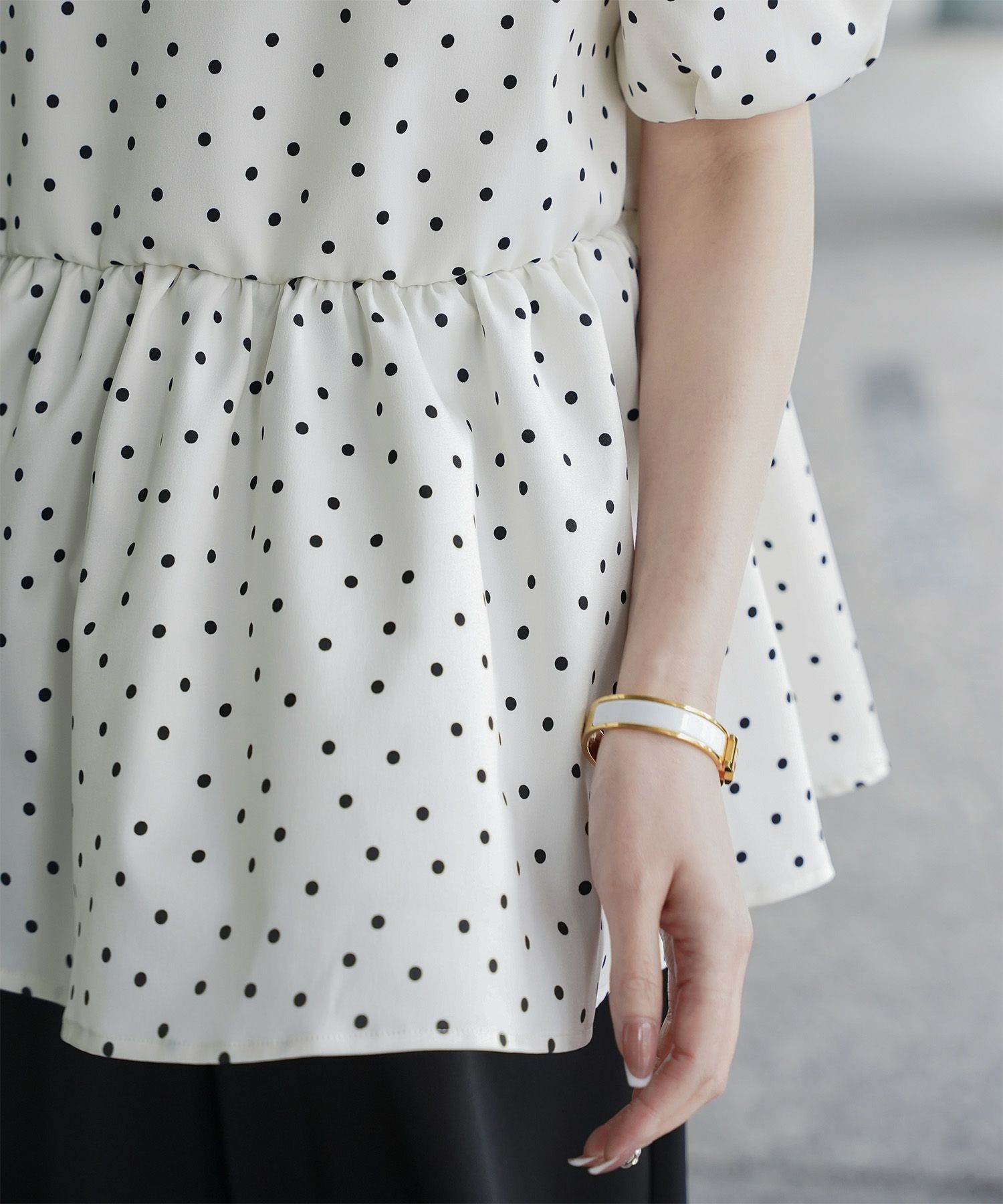 レディース ブラウス 2way ドット ペプラム きれいめ 洗える ホワイト ブラック