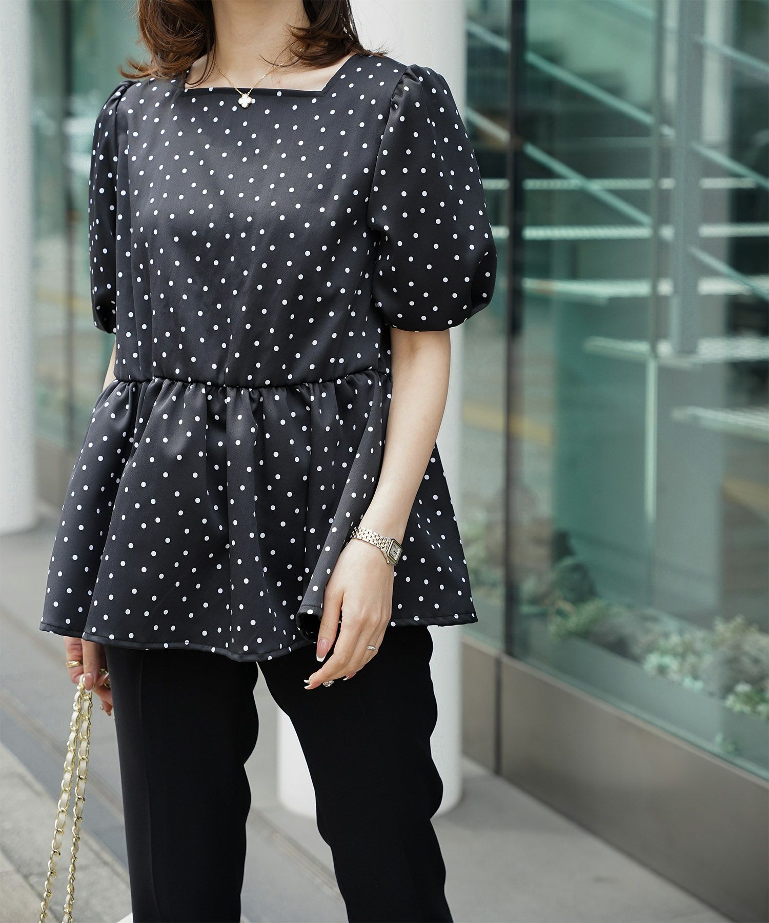 レディース ブラウス 2way ドット ペプラム きれいめ 洗える ホワイト ブラック