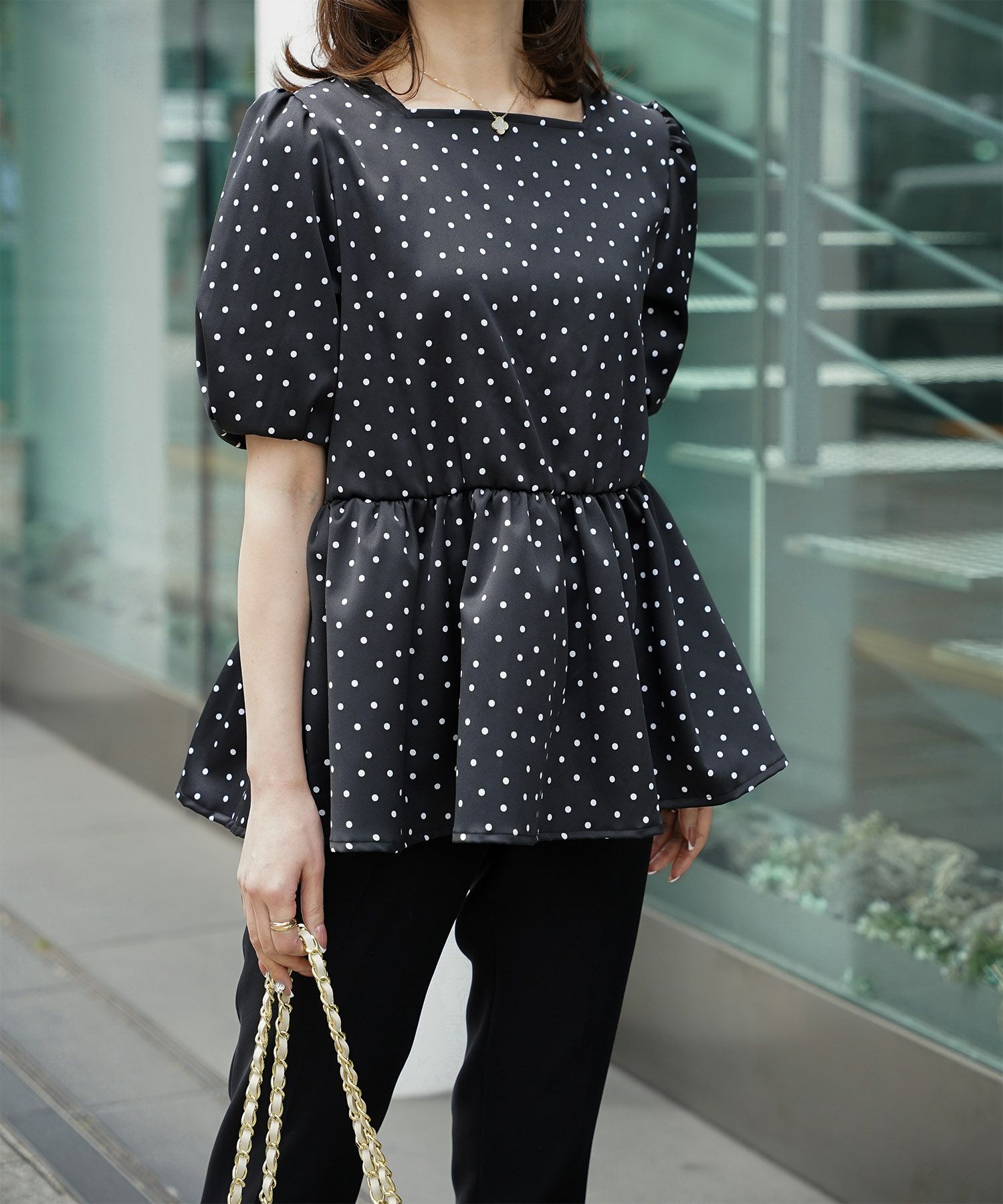 レディース ブラウス 2way ドット ペプラム きれいめ 洗える ホワイト ブラック