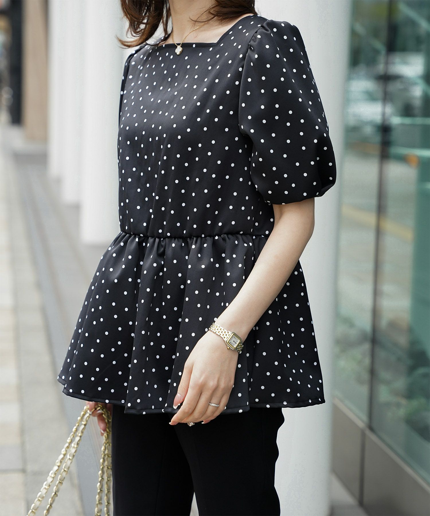 レディース ブラウス 2way ドット ペプラム きれいめ 洗える ホワイト ブラック