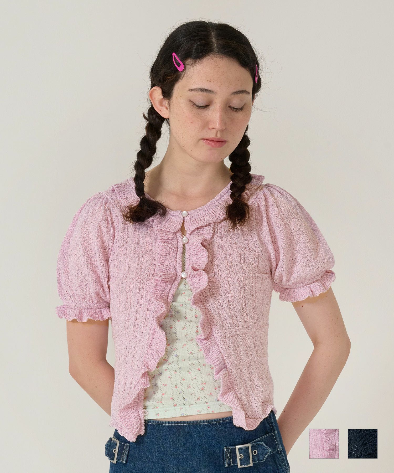 カーディガン/トップス/ニット/半袖/ピンク