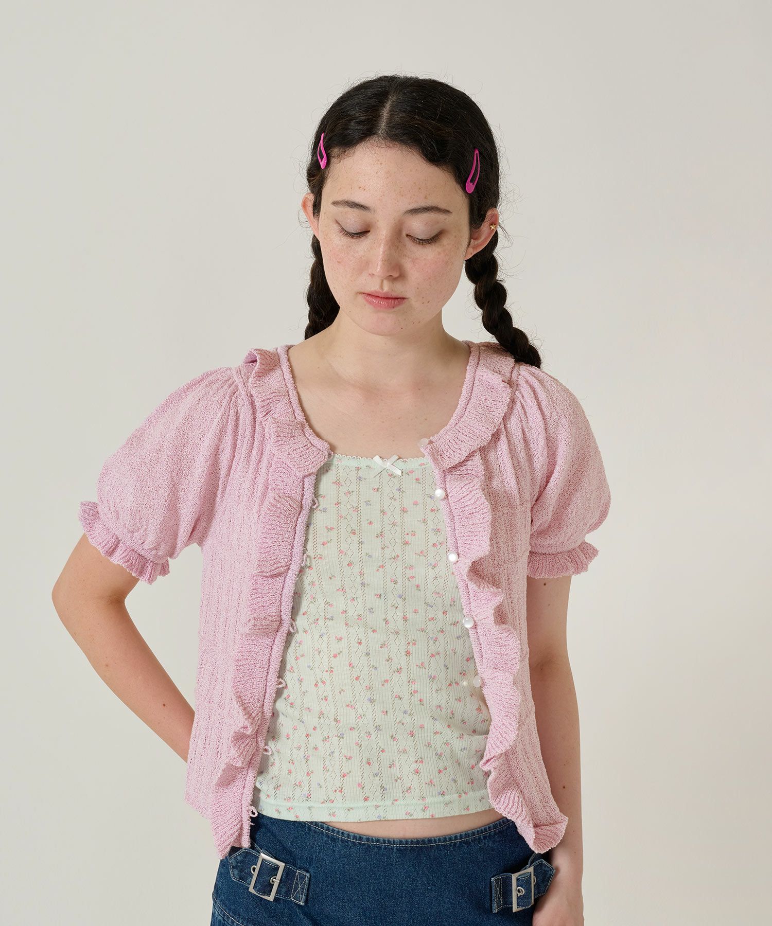 カーディガン/トップス/ニット/半袖/ピンク