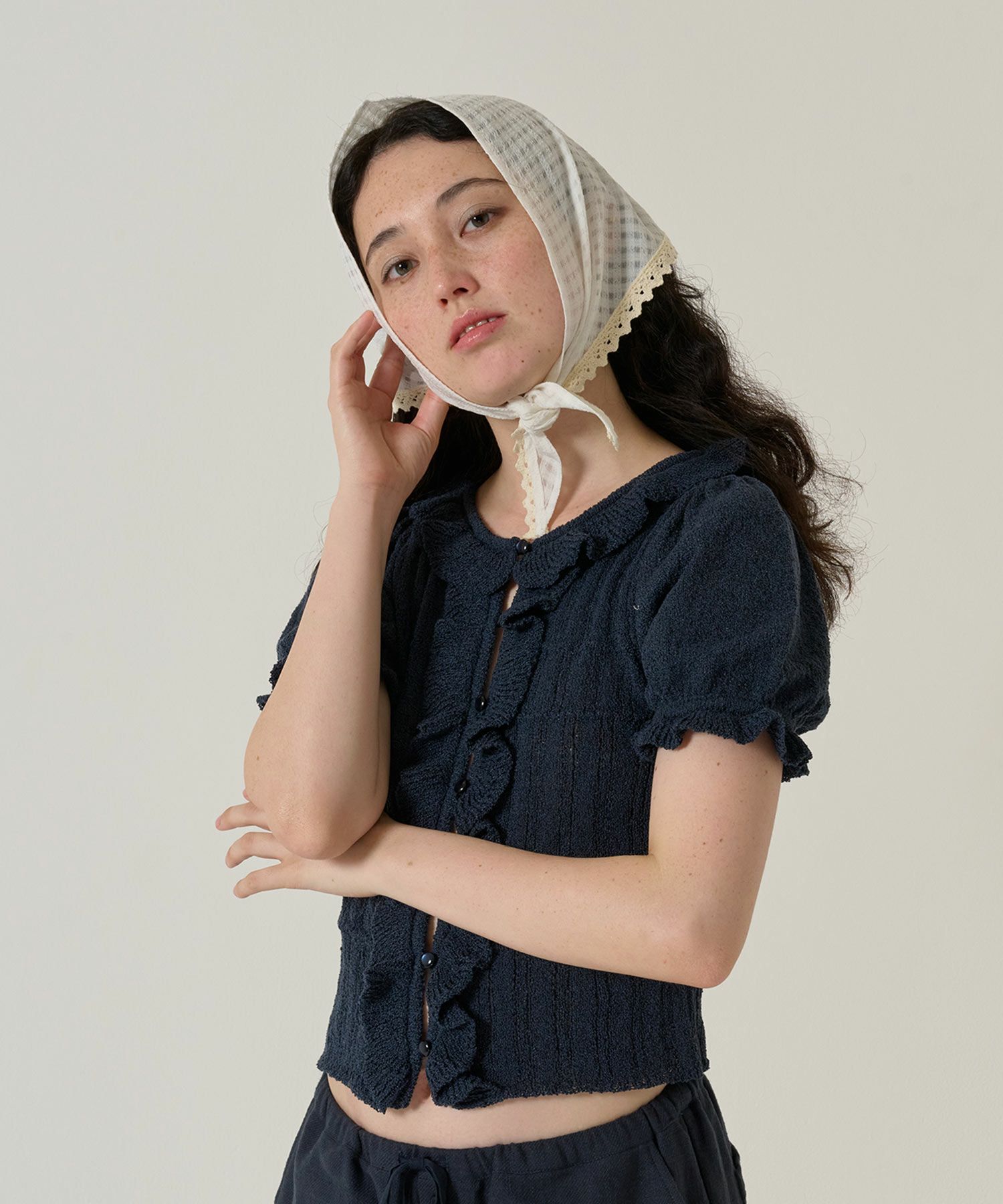 カーディガン/トップス/ニット/半袖/ネイビー