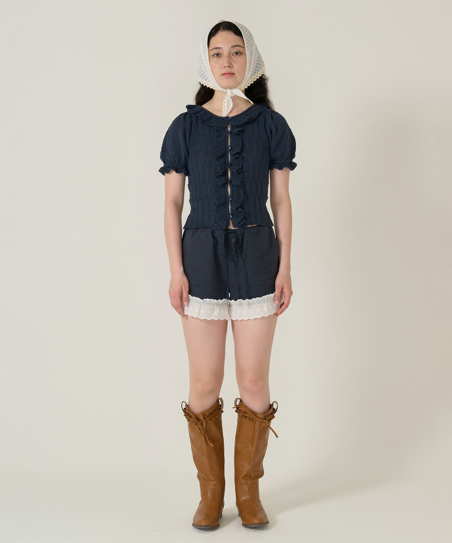 カーディガン/トップス/ニット/半袖/ネイビー