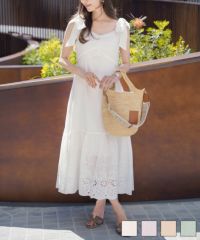 肩リボンコットンレースコンビキャミワンピースlerevevanillerホワイト/ラベンダー/ピンクベージュ/ミント