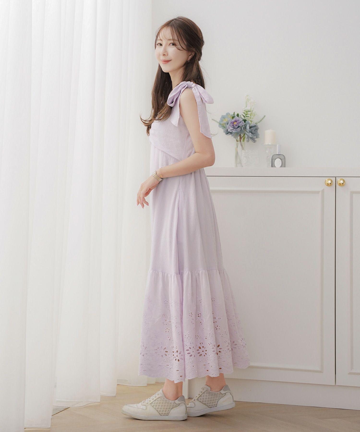 レディース/ワンピース/コットンワンピース/レースワンピース/花柄/春/夏/秋/レイヤード/ノースリーブ/キャミワンピース/ラベンダー/ミント/ピンクベージュ/ホワイト/可愛い/上品/フェミニン/カジュアル/エレガント/ヘルシー/綿/レース/ゴム入り