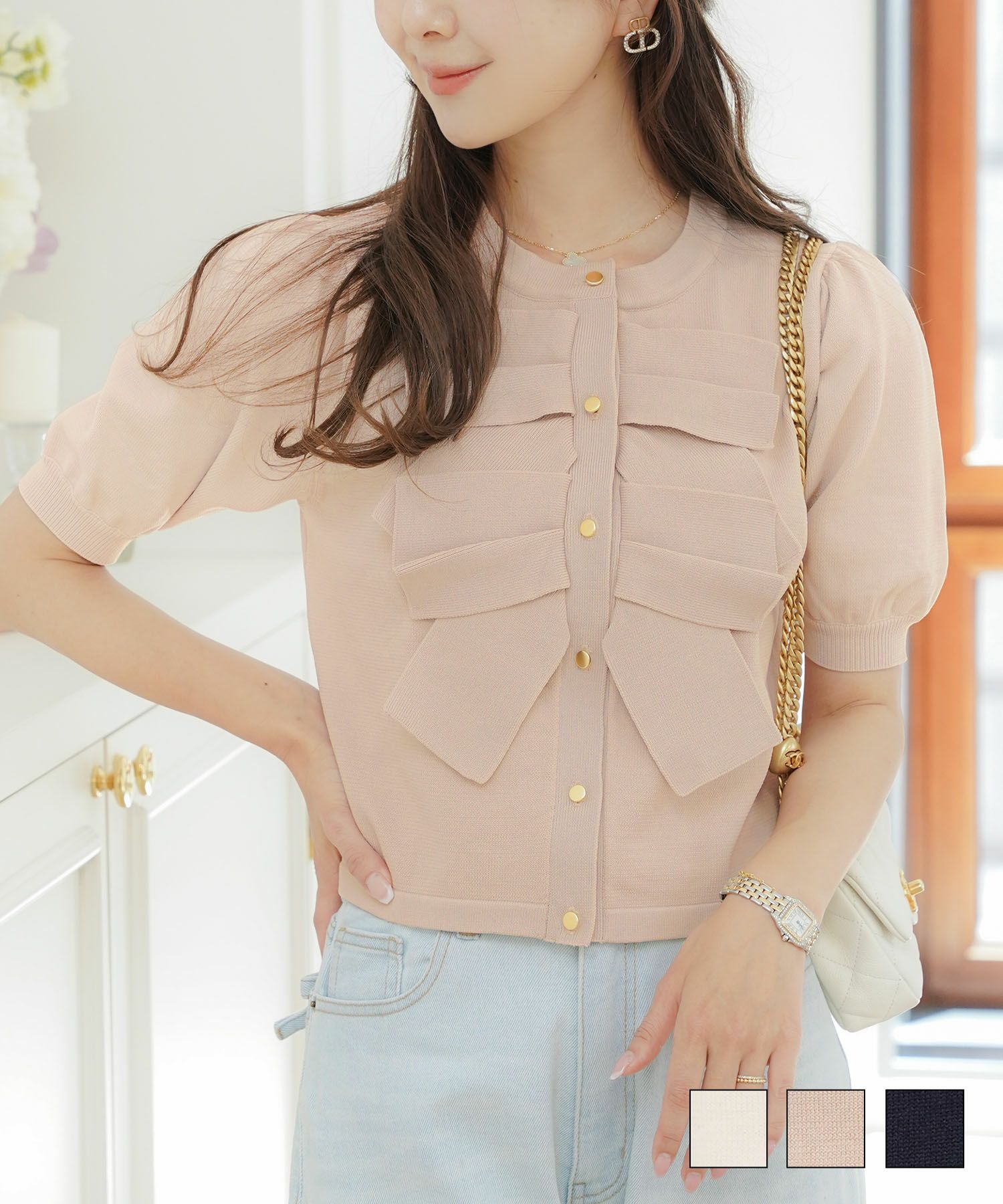 リボンデザインニットジャケットlerevevanillerアイボリー/ピンク/ネイビー