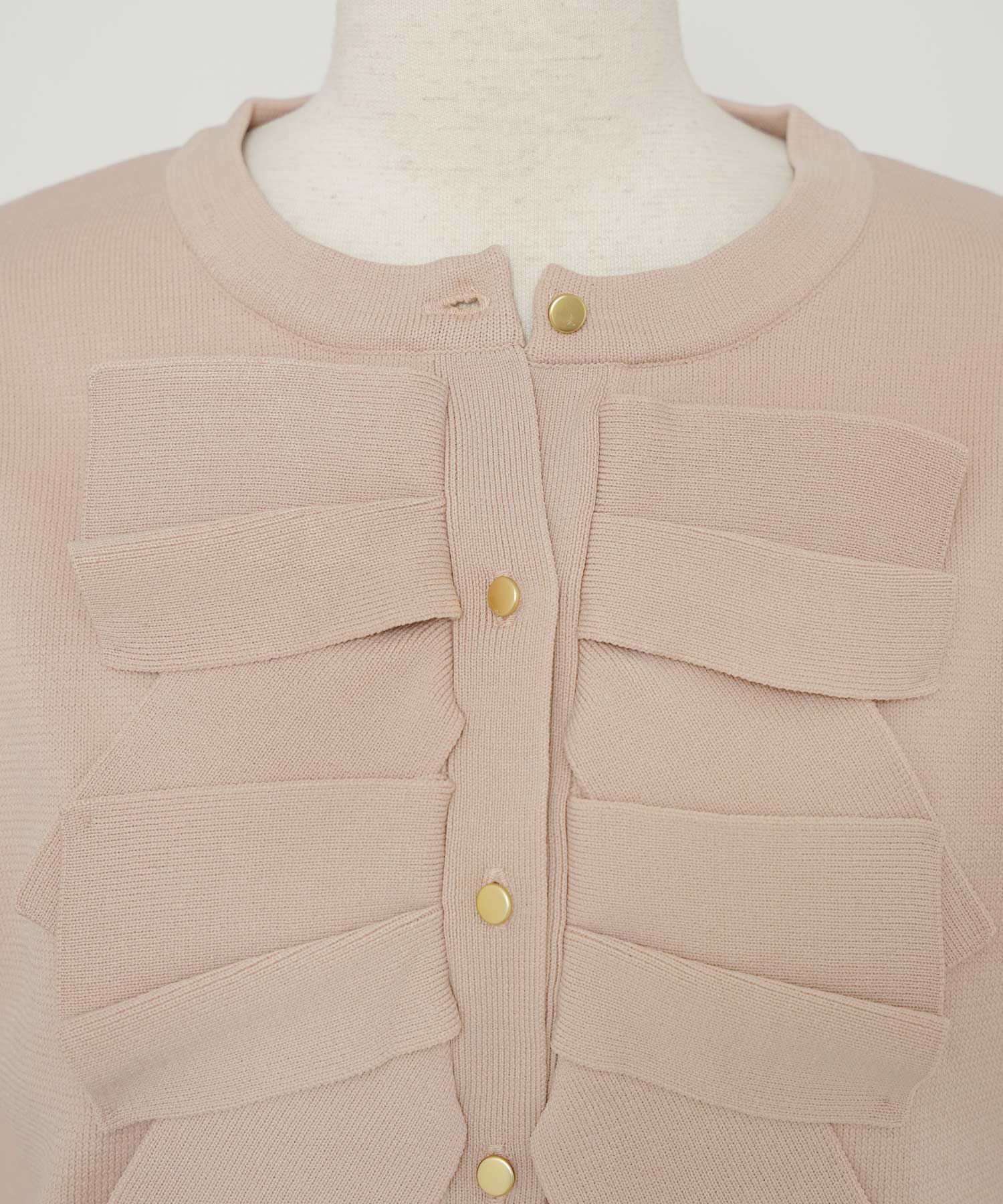 レディース/ニット/ジャケット/ショート丈/コンパクト丈/ゴールド/リボン/春/夏/秋/きれい/フェミニン/エレガント/上品